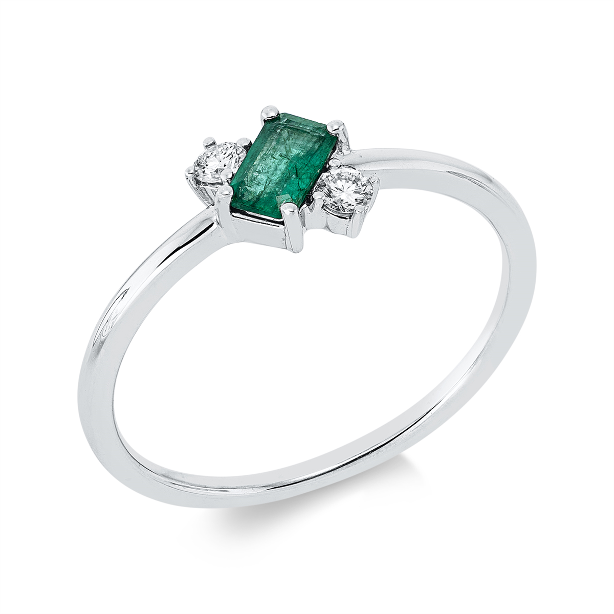 diamond full cut emerald colored stone classic ring in white gold
