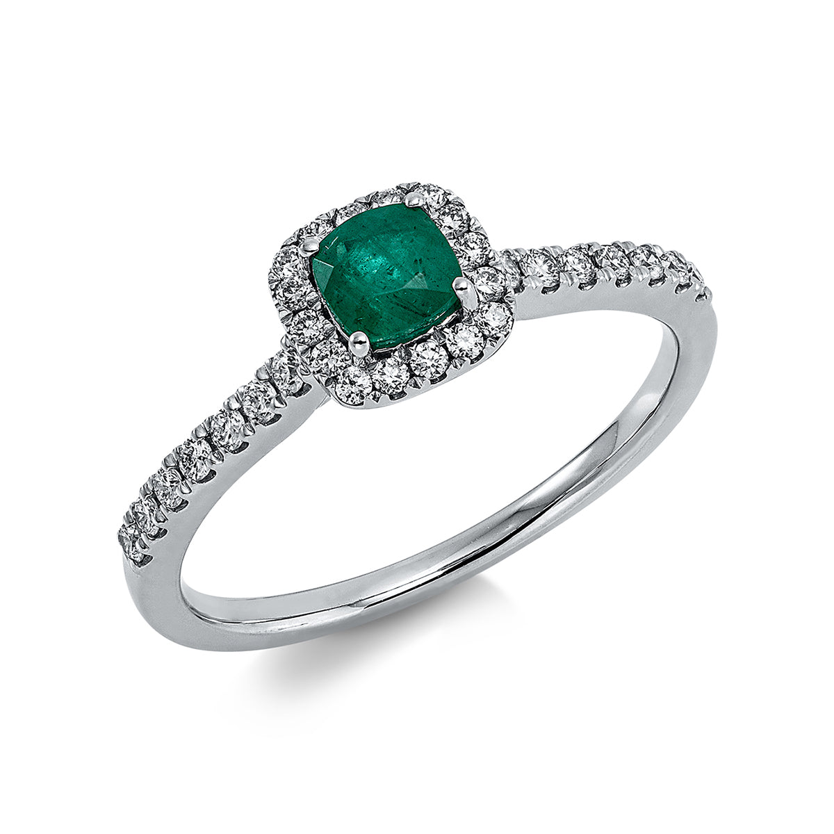diamond full cut emerald colored stone classic ring in white gold
