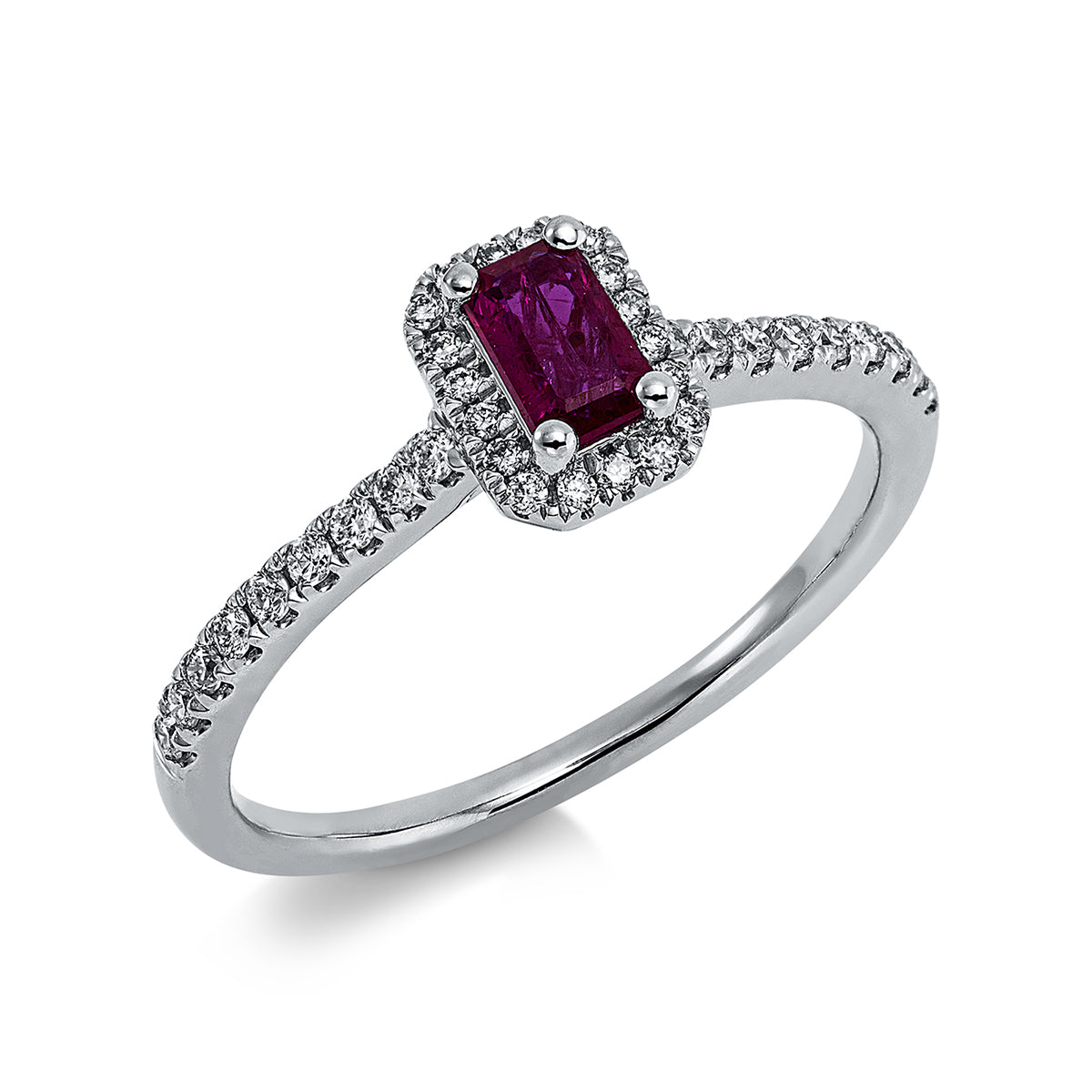 diamond full cut ruby colored stone classic ring in white gold