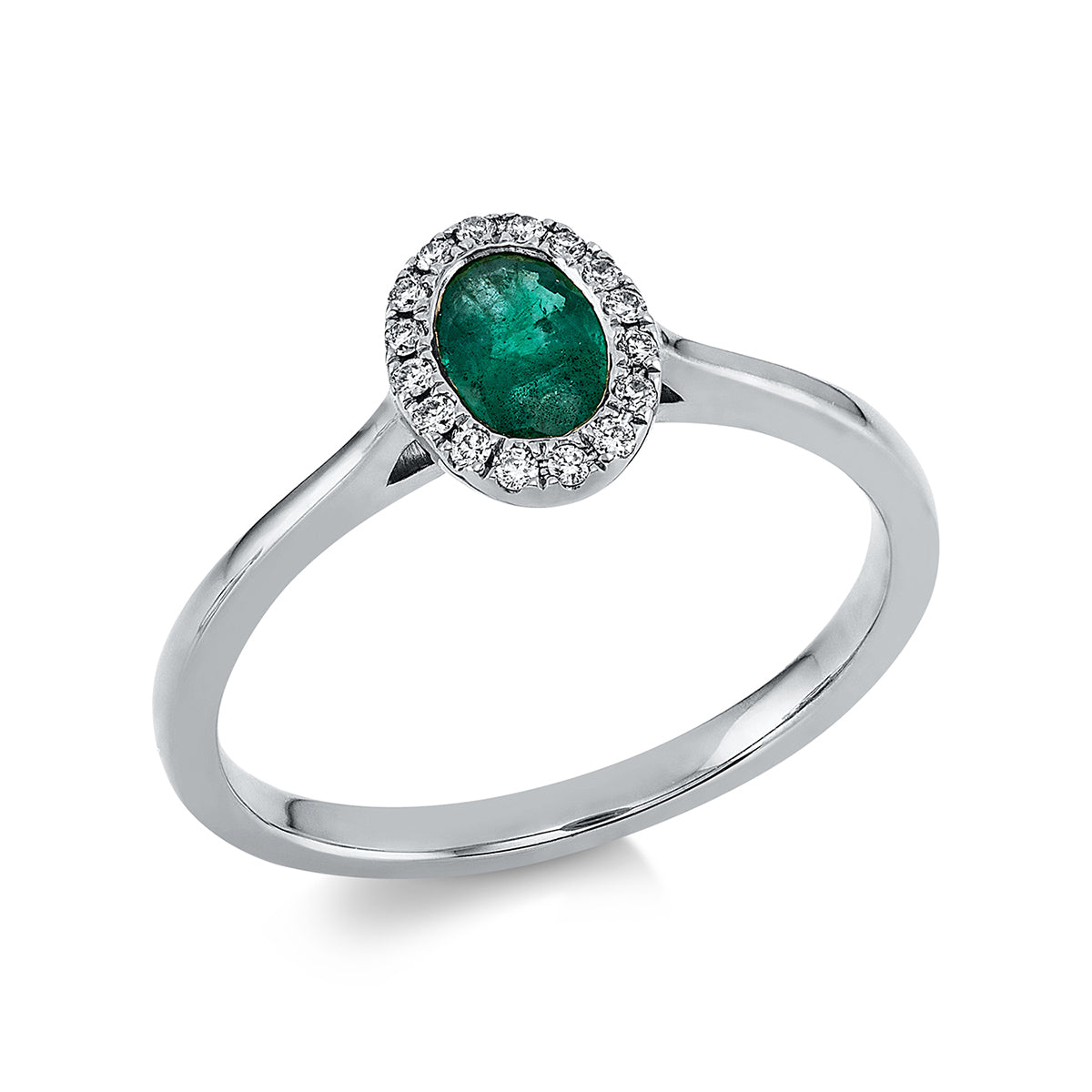 diamond full cut emerald colored stone classic ring in white gold