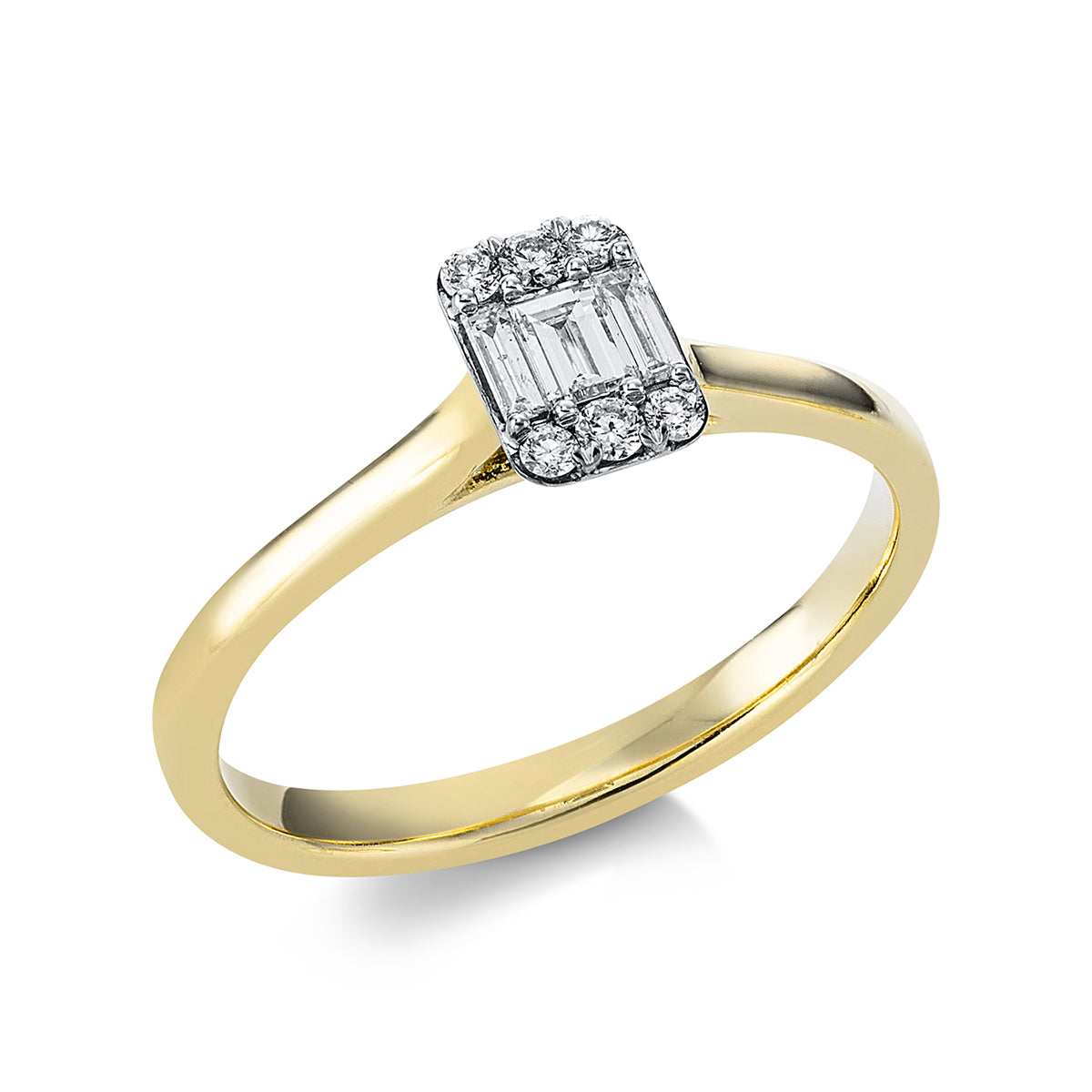 diamond full cut  baguette illusion ring in yellow gold