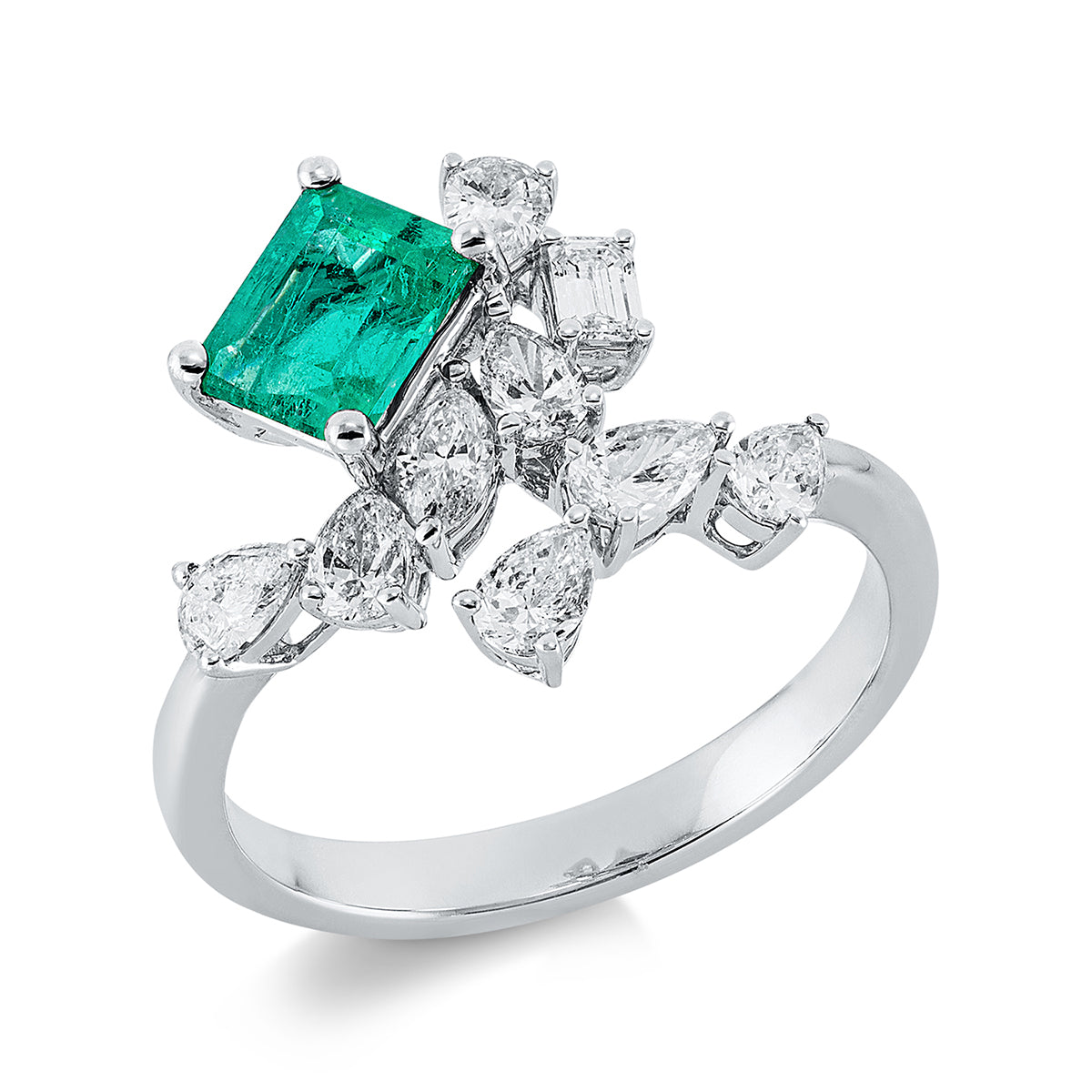 fantasy-cut emerald colored stone classic ring in white gold