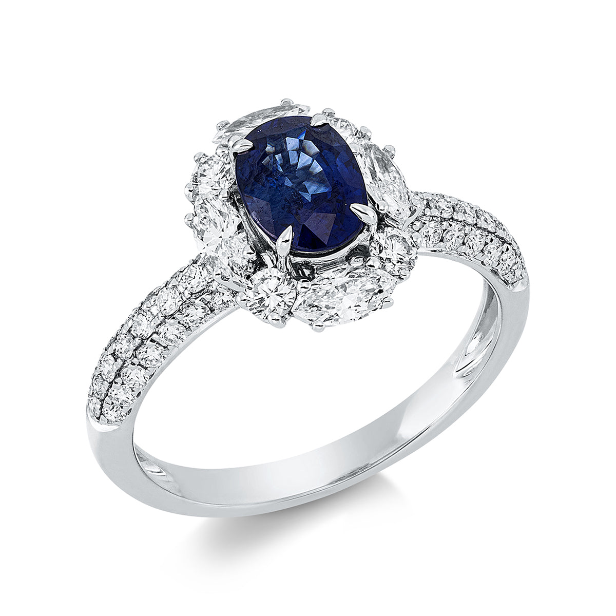 diamond full cut sapphire colored stone classic ring in white gold