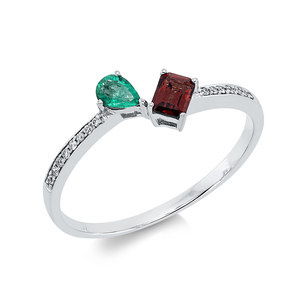 diamond full cut emerald colored stone classic ring in white gold