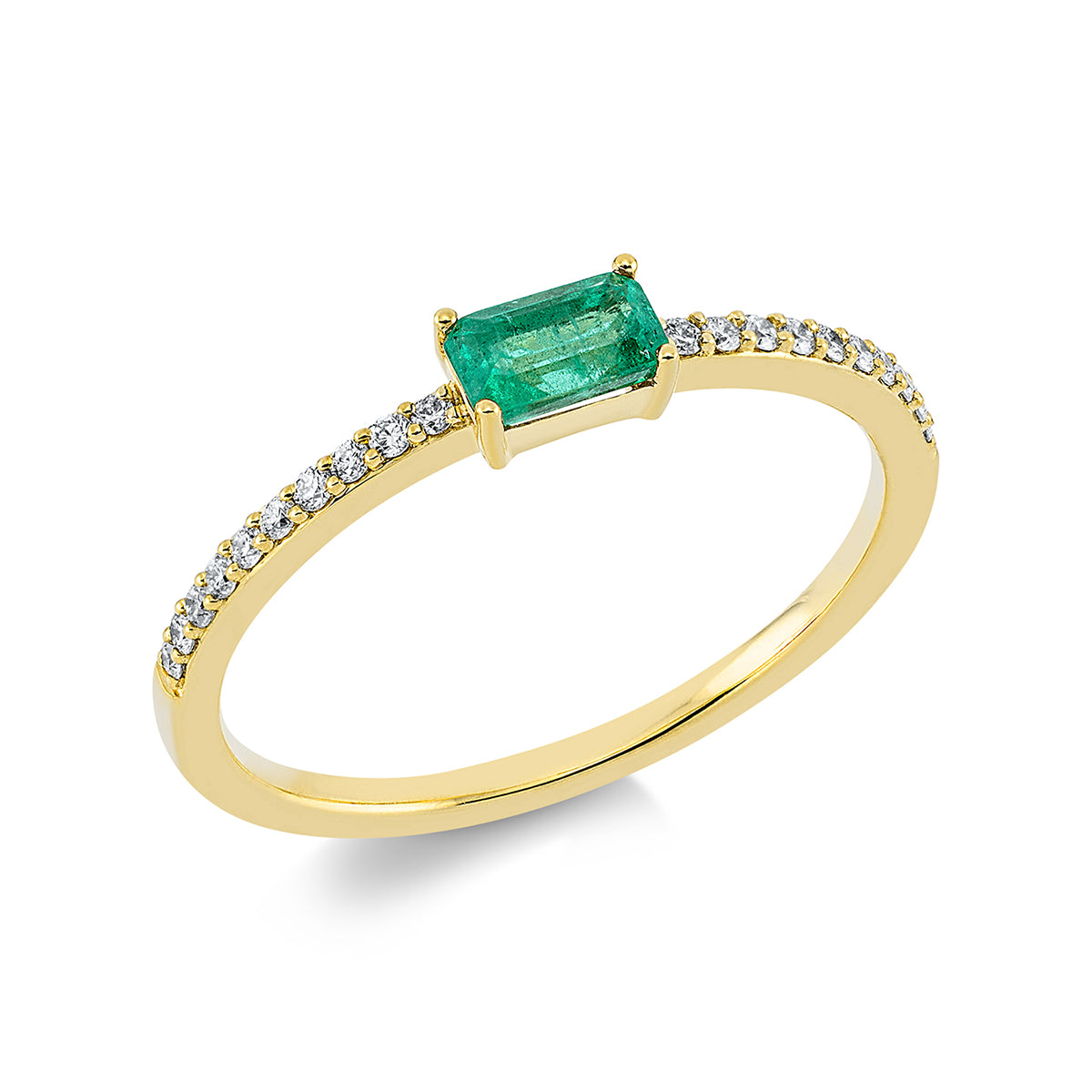 diamond full cut emerald colored stone classic ring in yellow gold