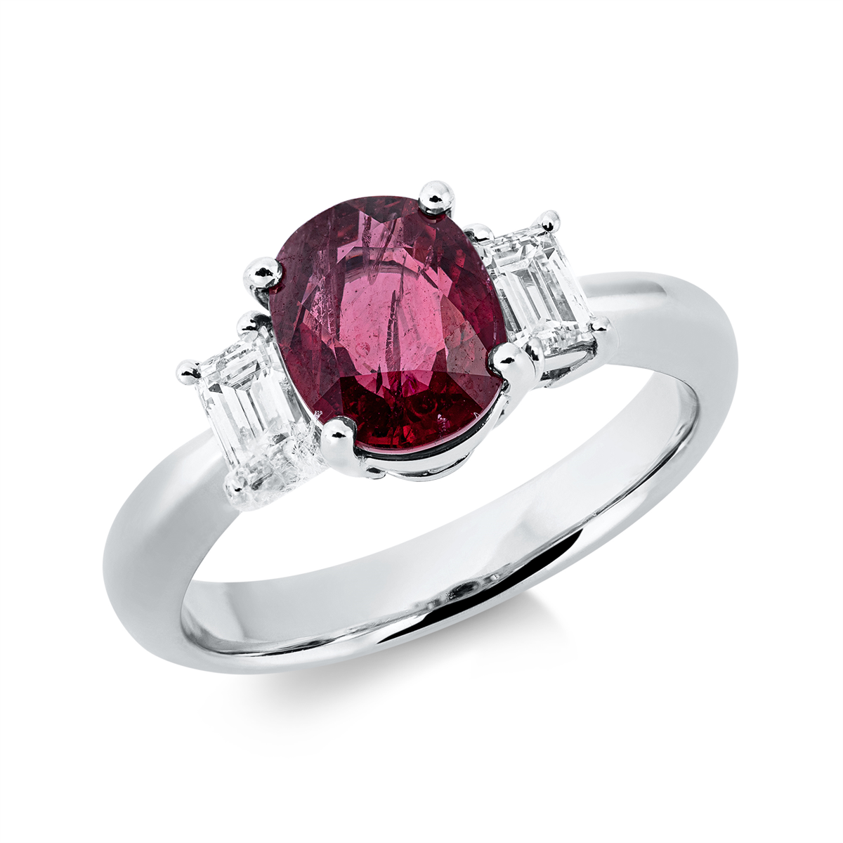 emerald cut ruby colored stone classic ring in platinum