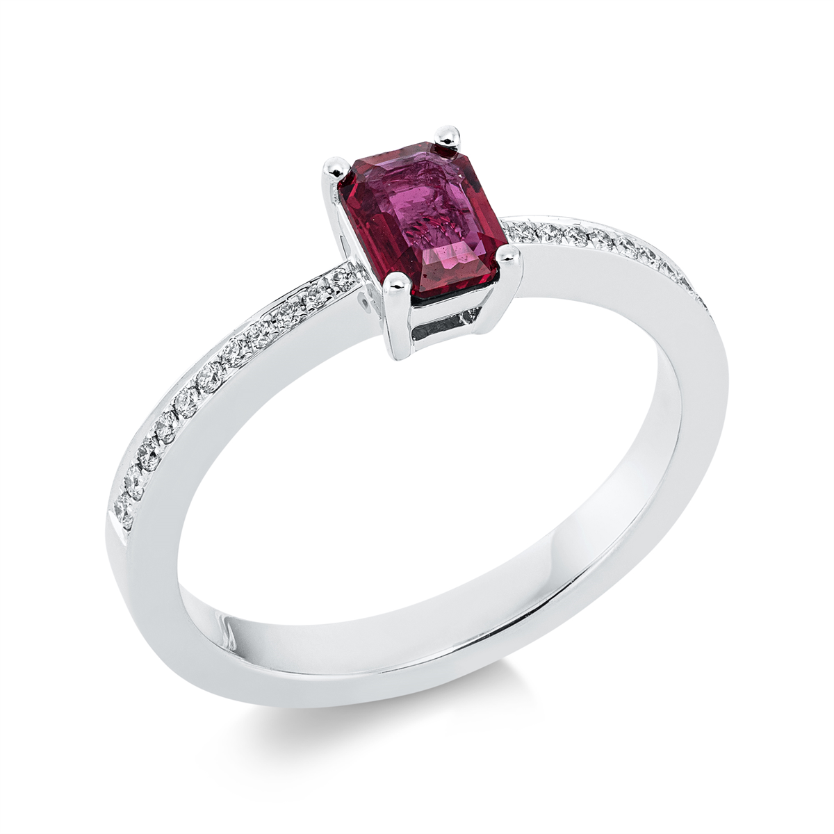 diamond full cut ruby colored stone classic ring in white gold