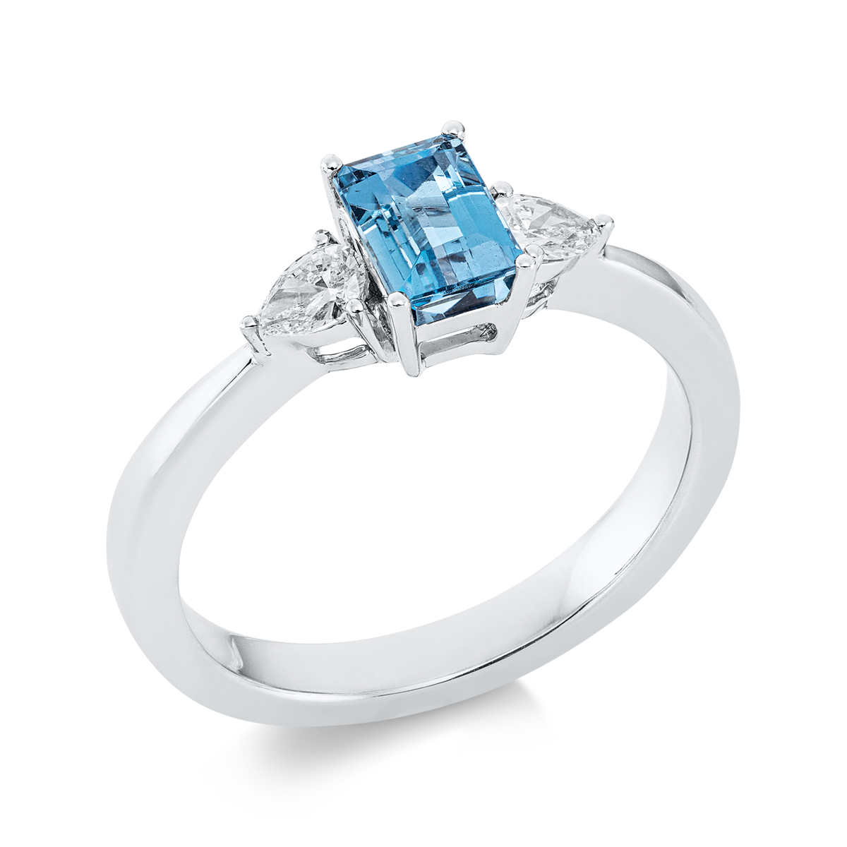 pear shape aquamarine colored stone fashion ring in white gold