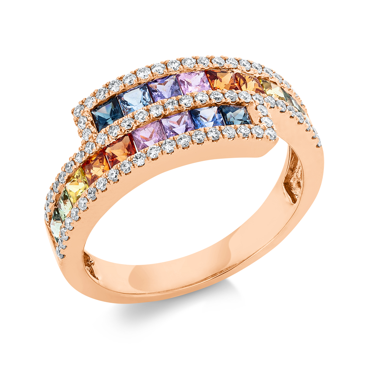 diamond full cut sapphire rainbow & multicolor ring in red gold