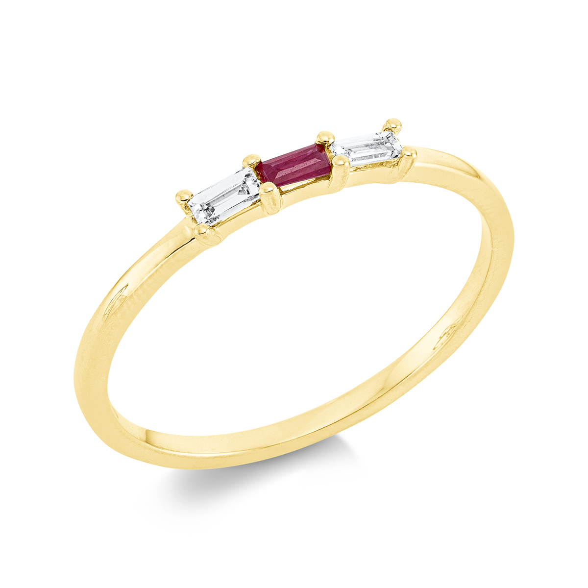 baguette ruby colored stone classic ring in yellow gold