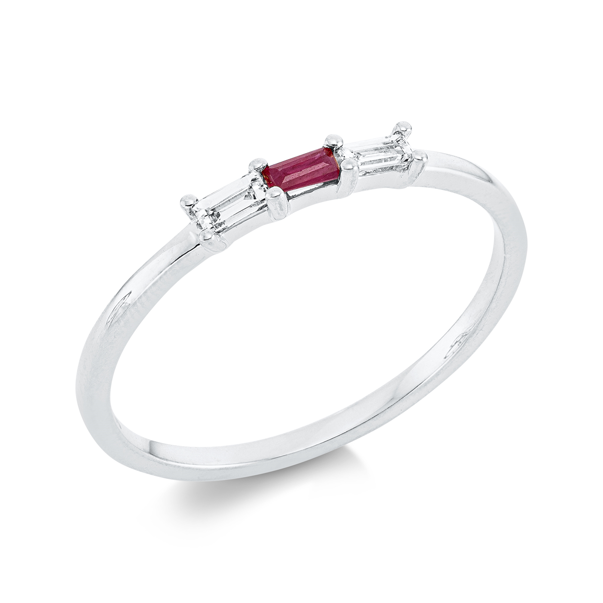 baguette ruby colored stone classic ring in white gold