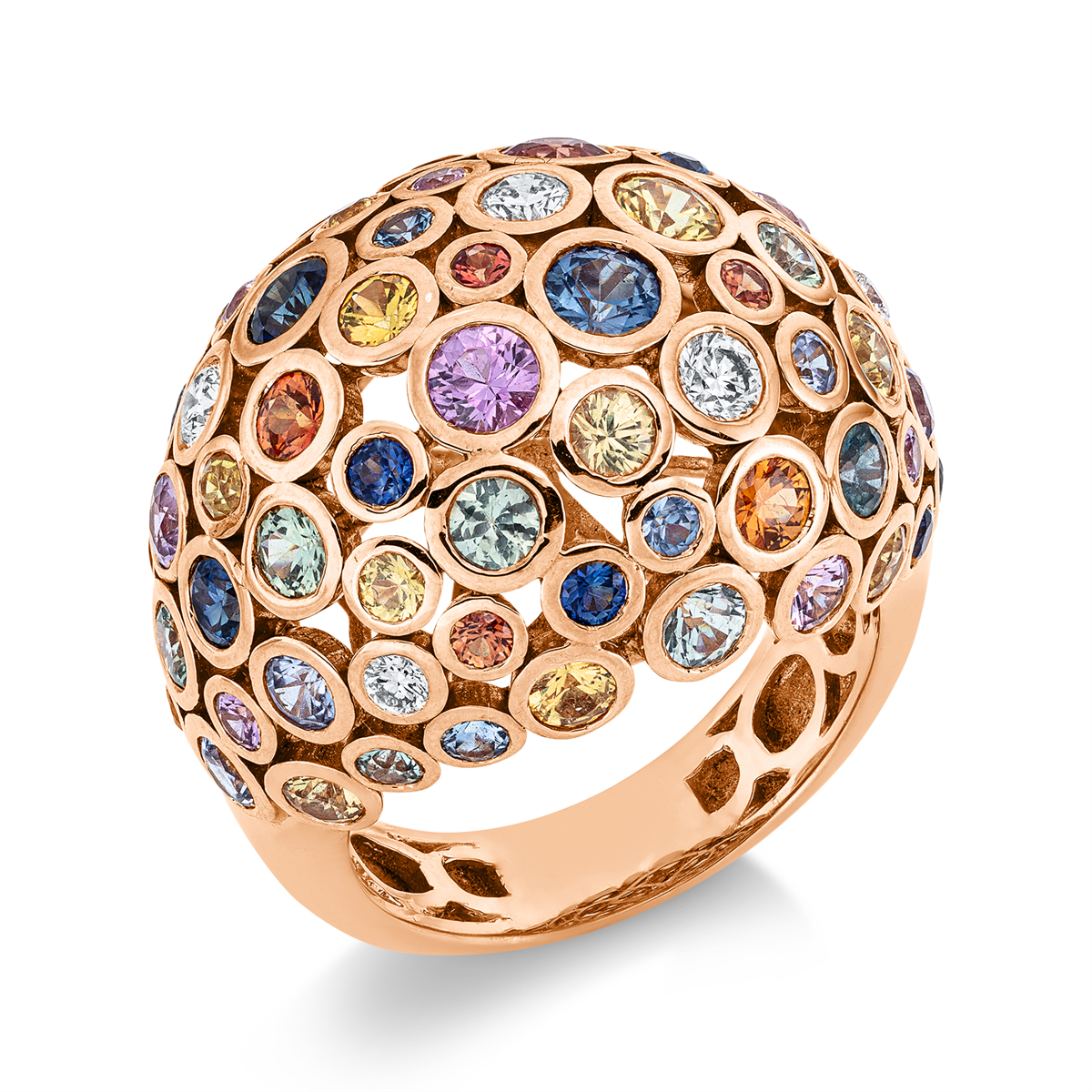 diamond full cut sapphire rainbow & multicolor ring in red gold