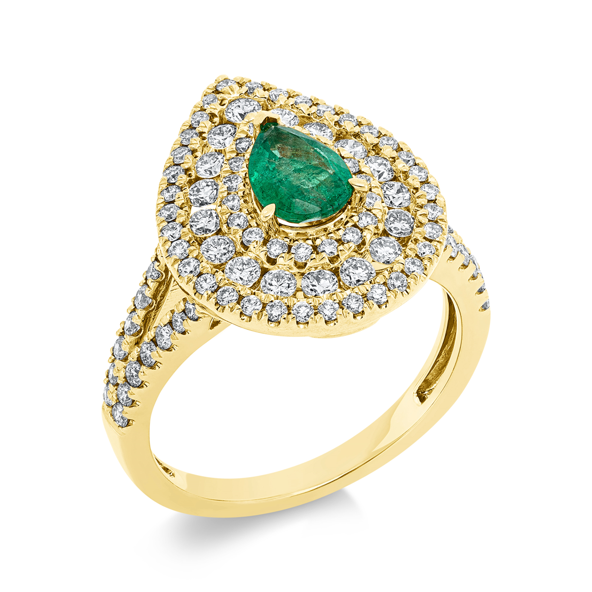 diamond full cut emerald colored stone classic ring in yellow gold