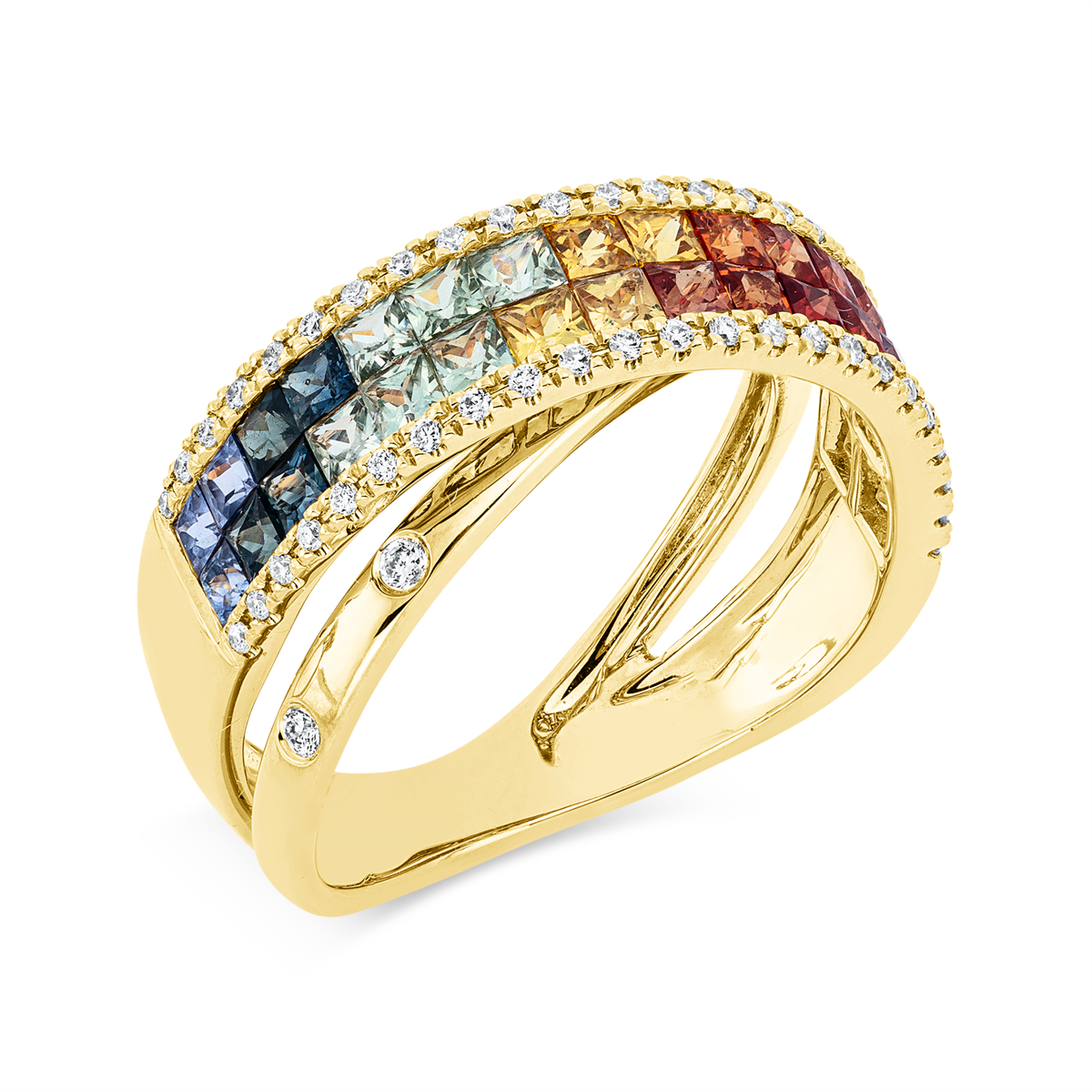 diamond full cut sapphire rainbow & multicolor ring in yellow gold