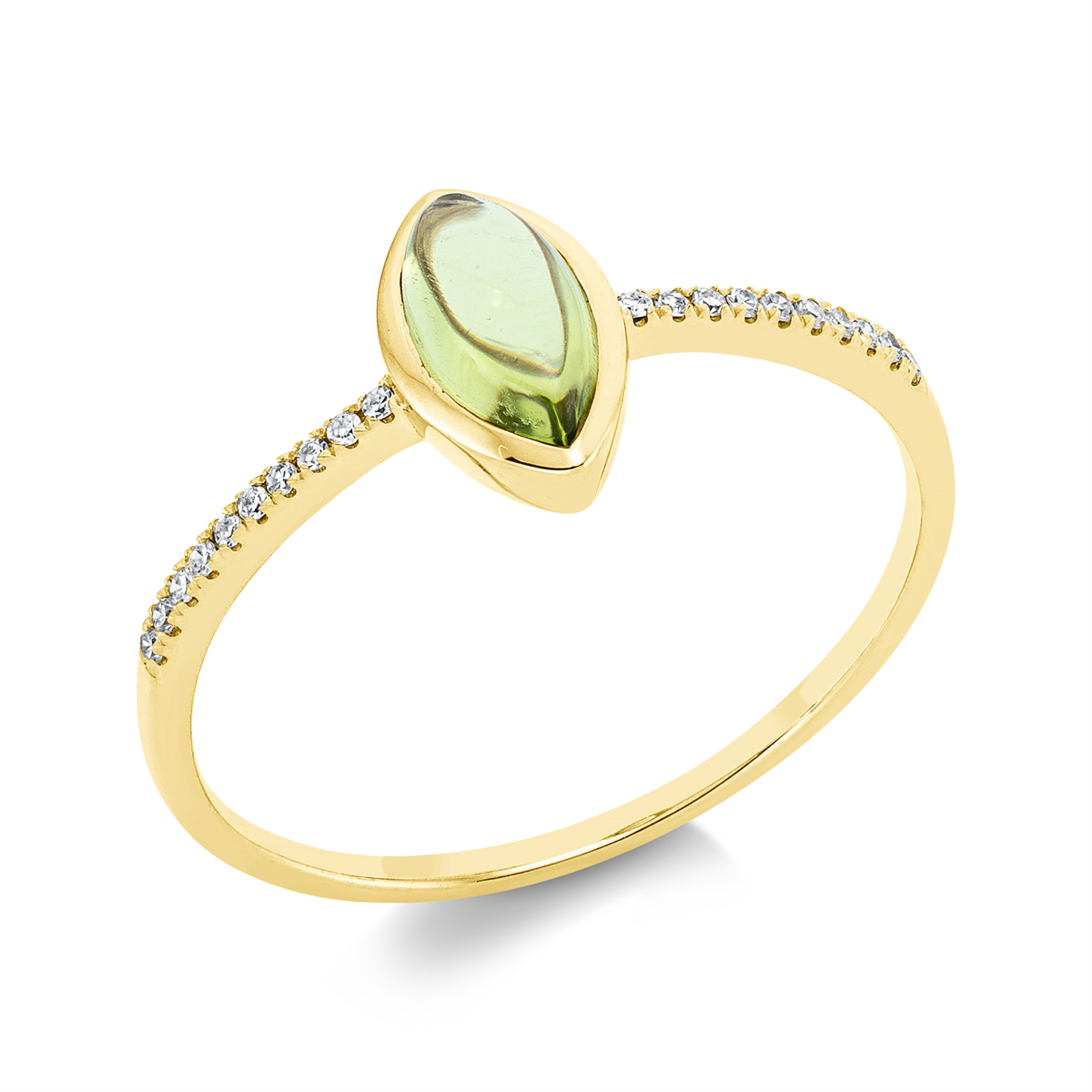 diamond single cut peridot colored stone fashion ring in yellow gold