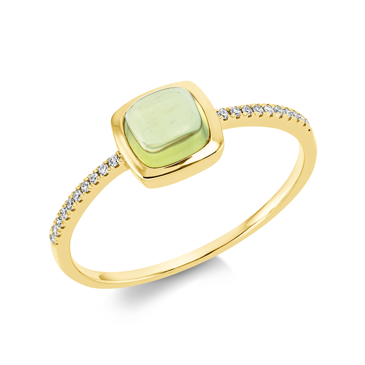 diamond single cut peridot colored stone fashion ring in yellow gold