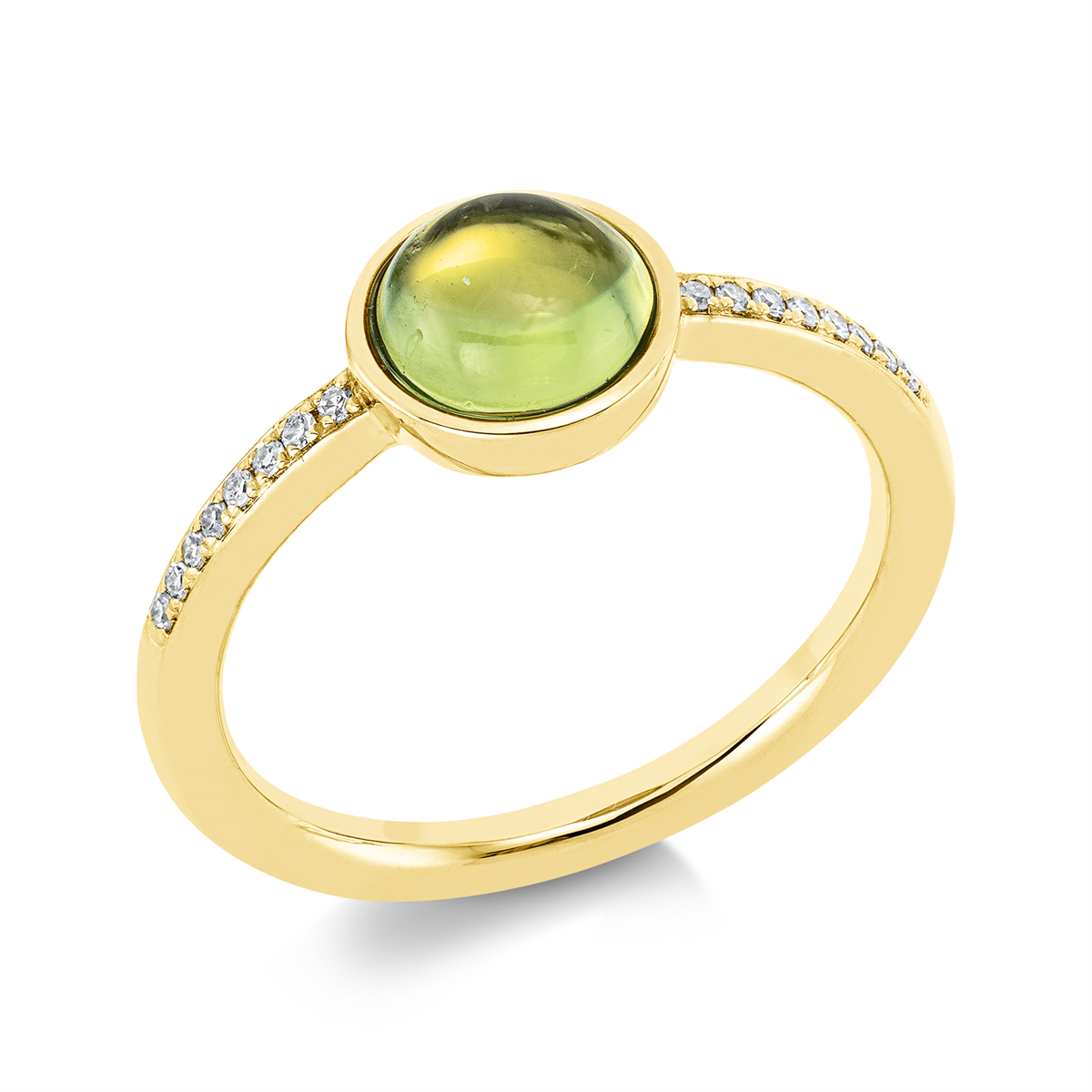 diamond single cut peridot colored stone fashion ring in yellow gold