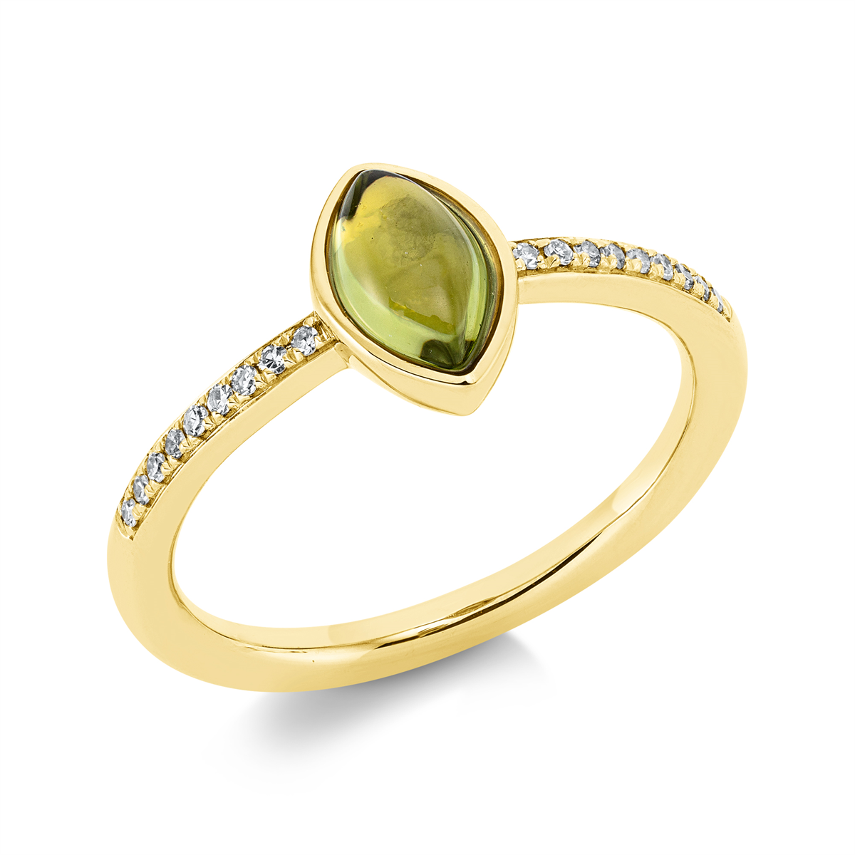 diamond single cut peridot colored stone fashion ring in yellow gold