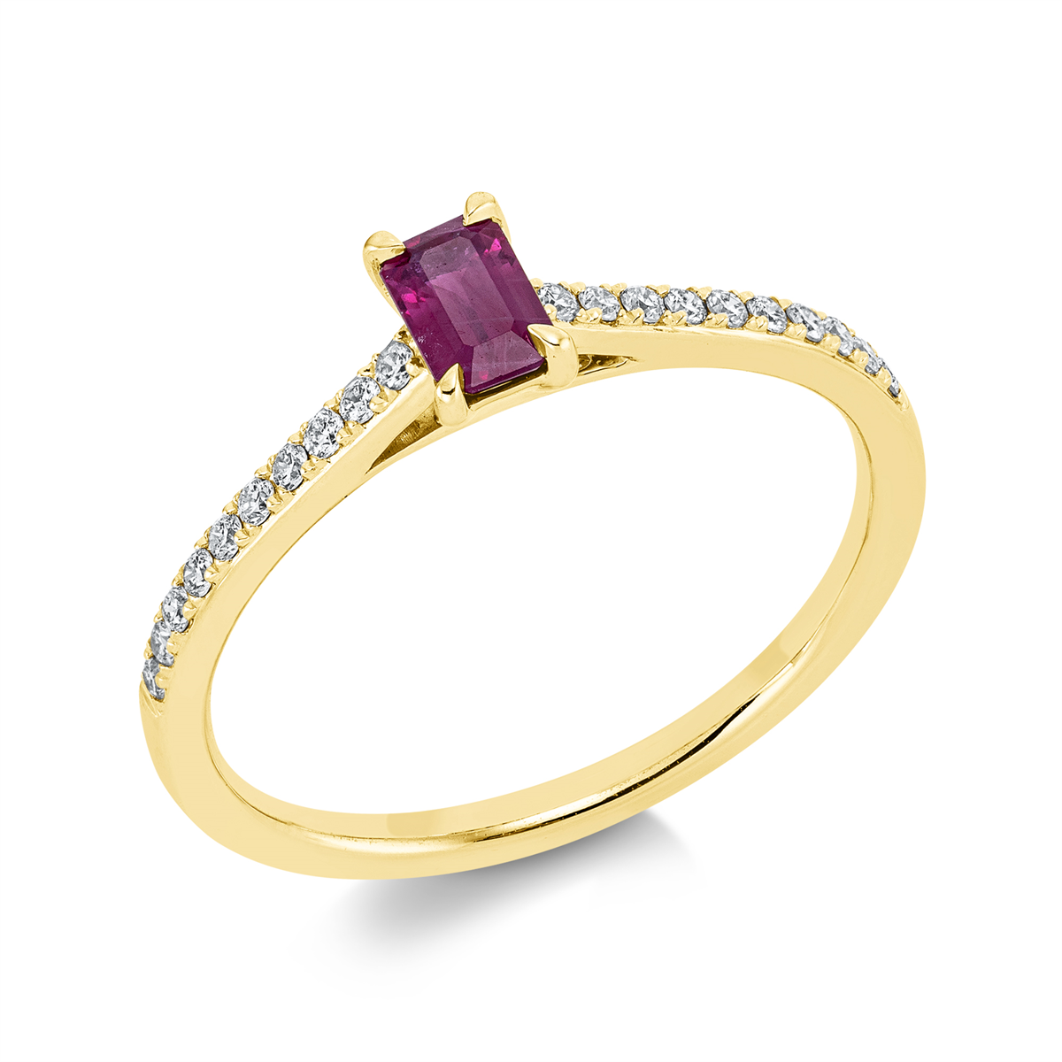 diamond full cut ruby colored stone classic ring in yellow gold