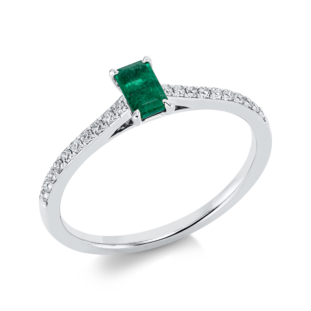 diamond full cut emerald colored stone classic ring in white gold