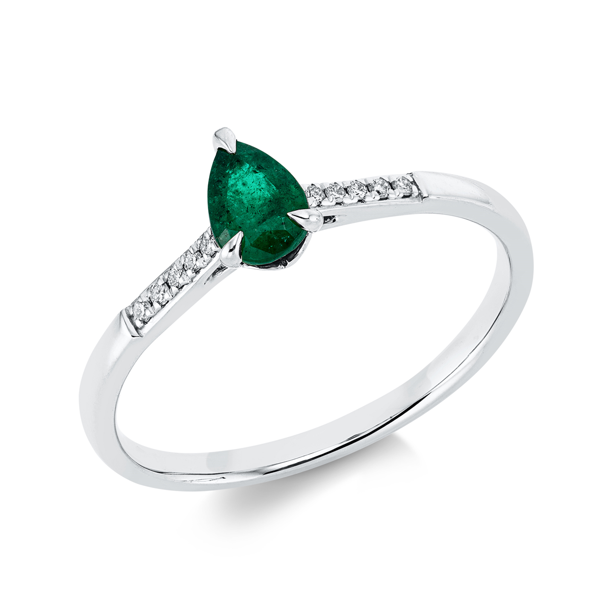 diamond full cut emerald colored stone classic ring in white gold