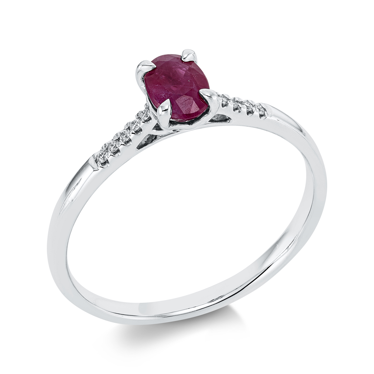 diamond full cut ruby colored stone classic ring in white gold