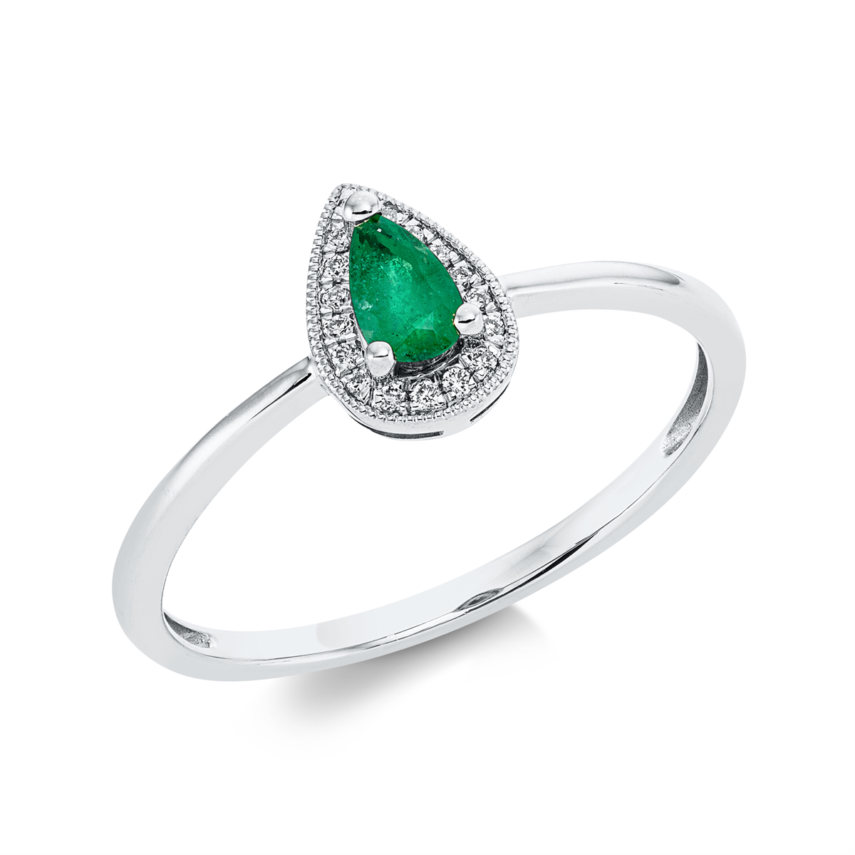 diamond full cut emerald colored stone classic ring in white gold