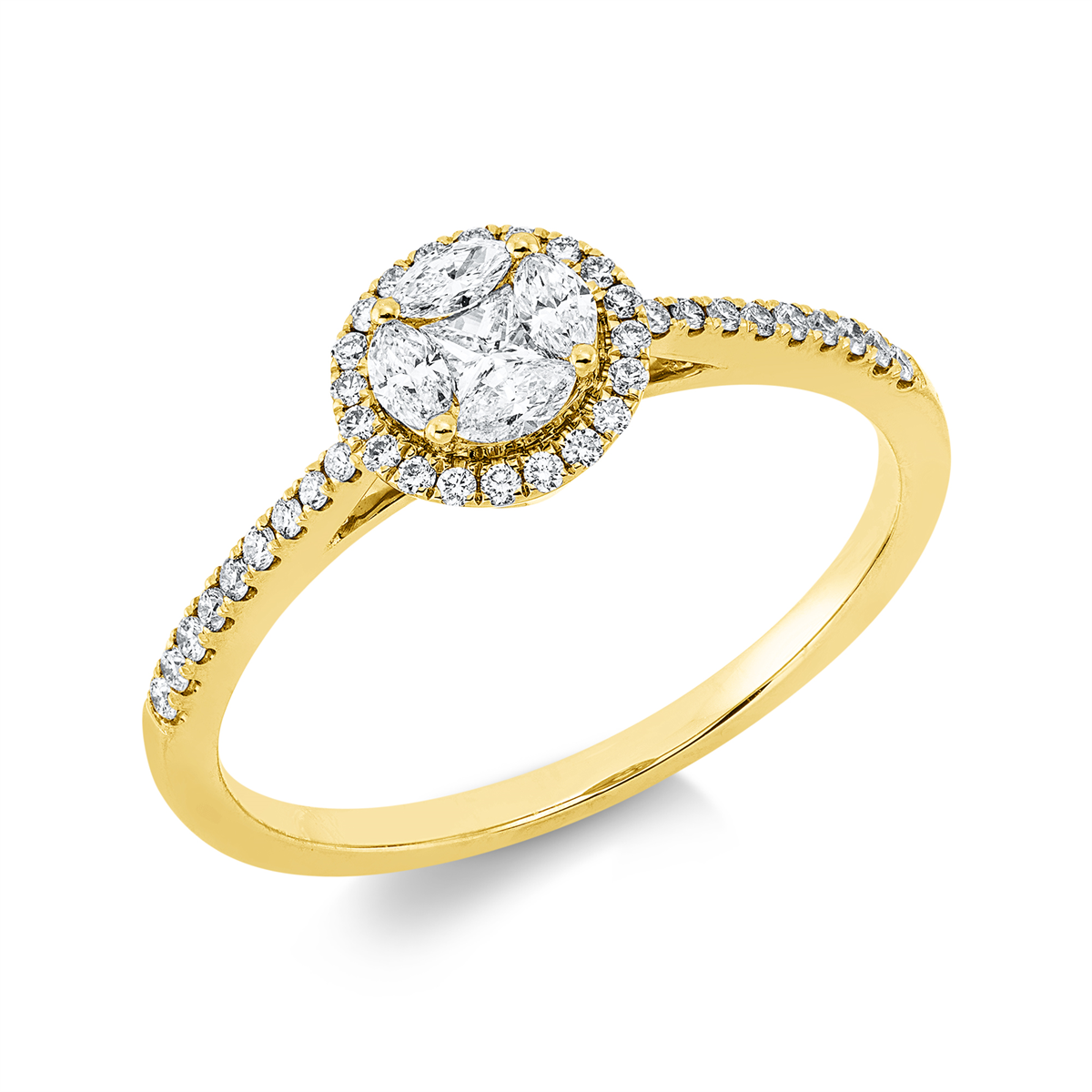 diamond full cut  baguette illusion ring in yellow gold