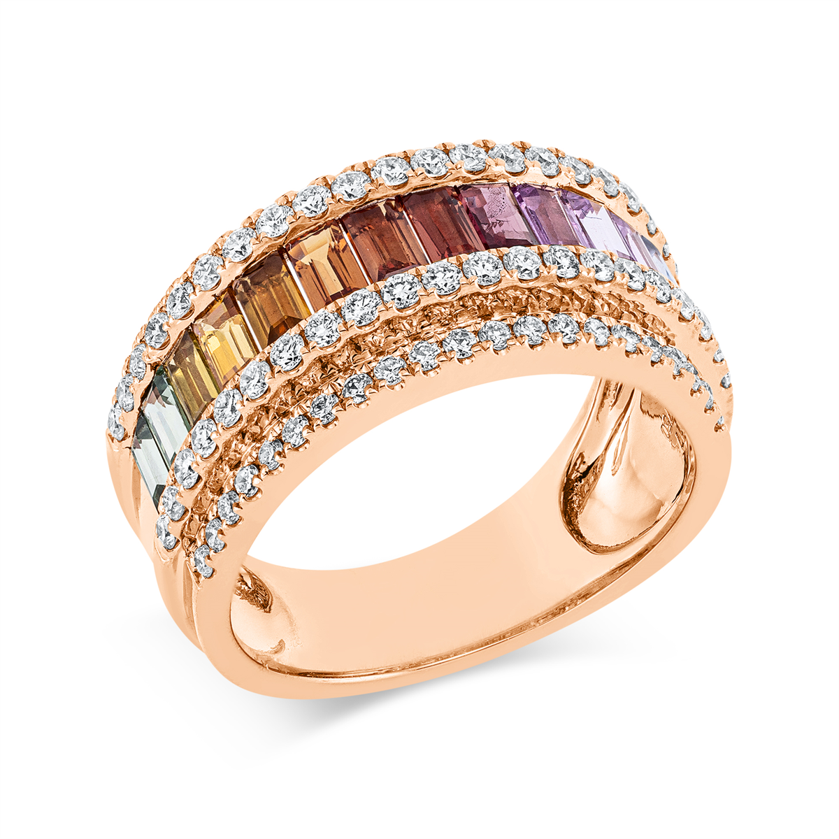 diamond full cut sapphire rainbow & multicolor ring in red gold