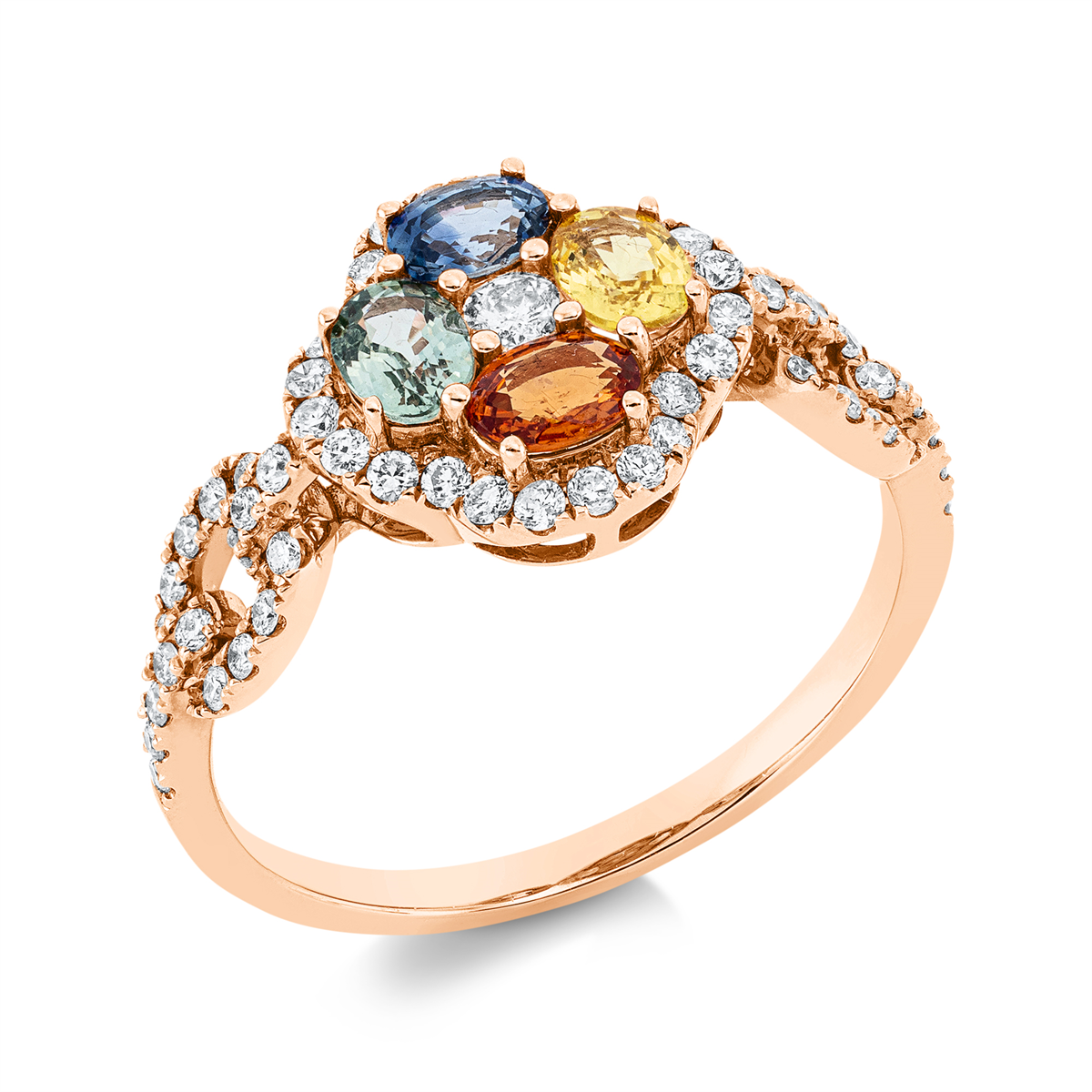 diamond full cut sapphire rainbow & multicolor ring in red gold