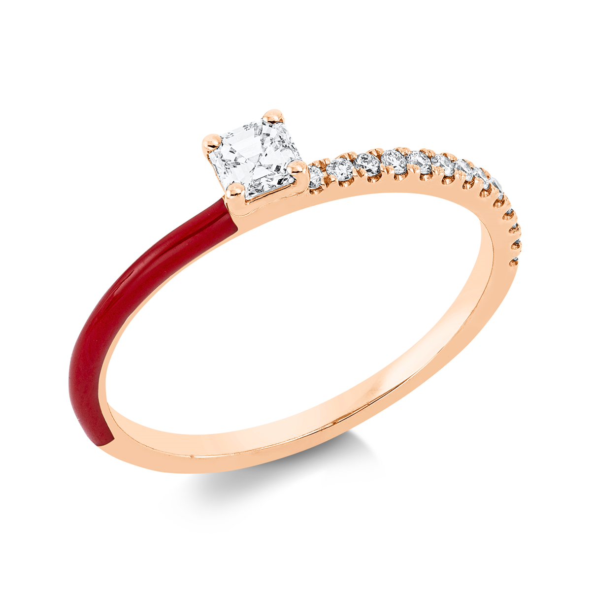 diamond full cut enamel solitaire with accent stones ring in red gold