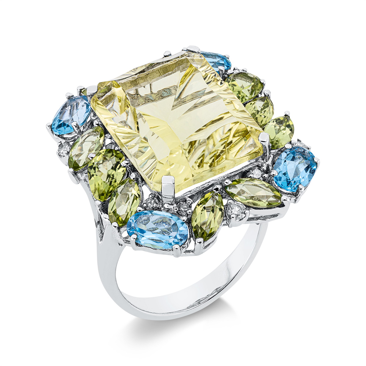 diamond full cut peridot rainbow & multicolor ring in white gold