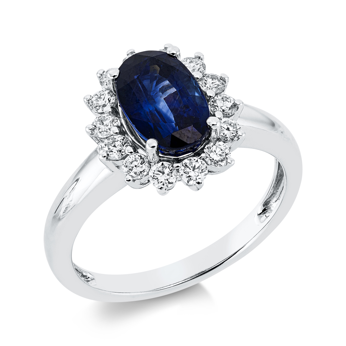 diamond full cut sapphire colored stone classic ring in white gold