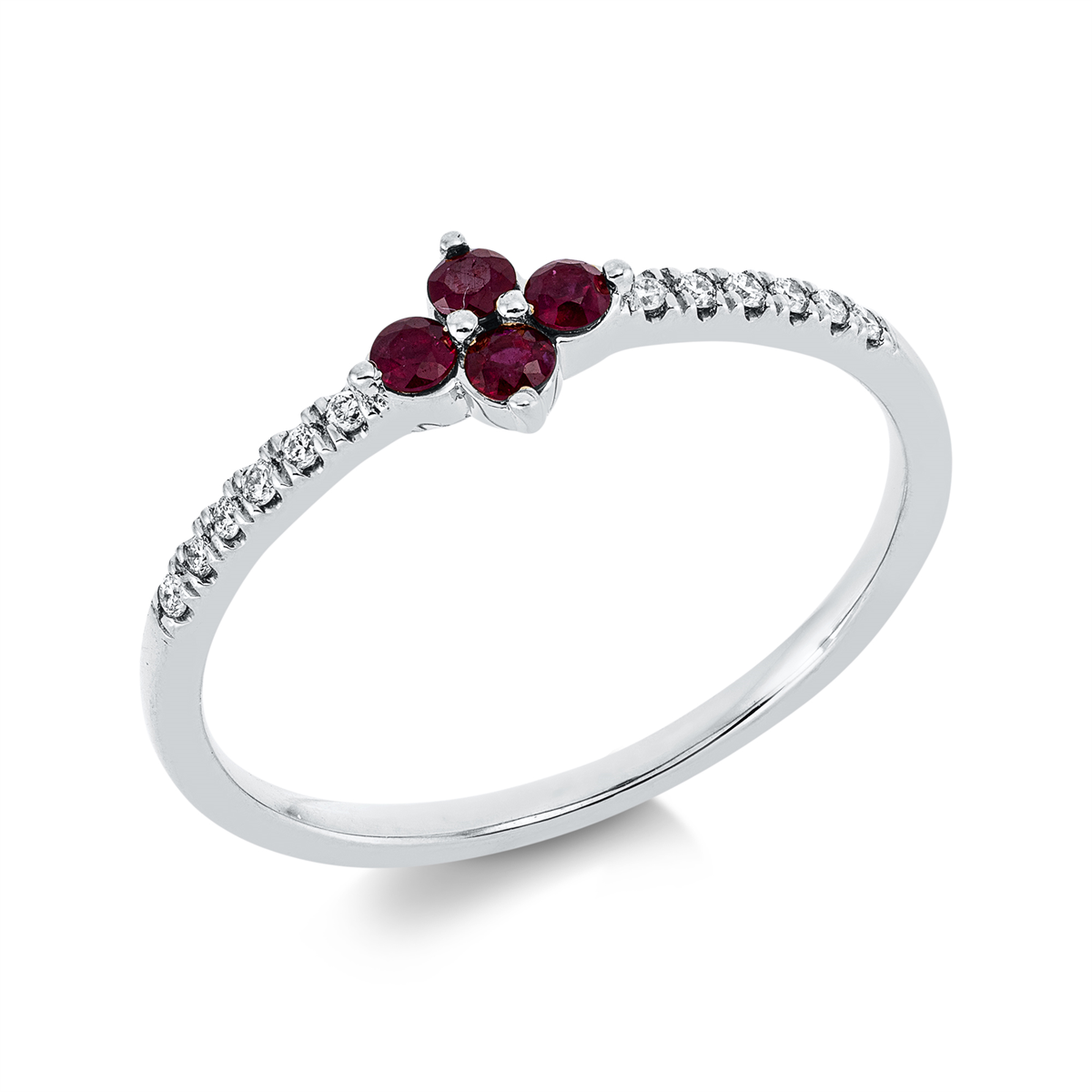 diamond full cut ruby colored stone classic ring in white gold
