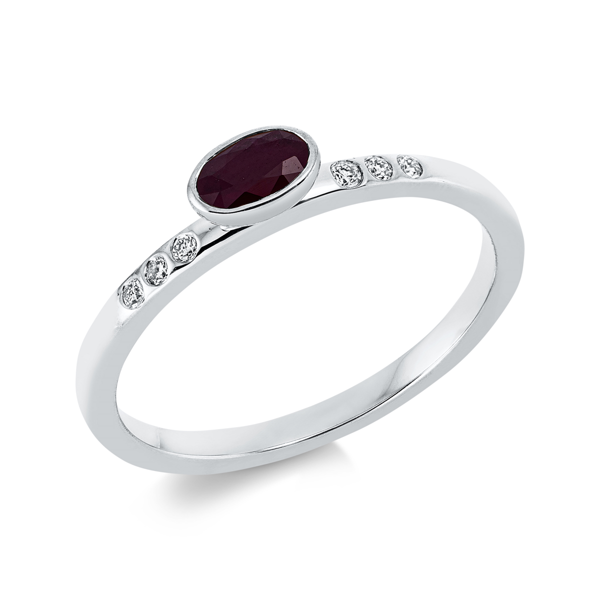 diamond full cut ruby colored stone classic ring in white gold