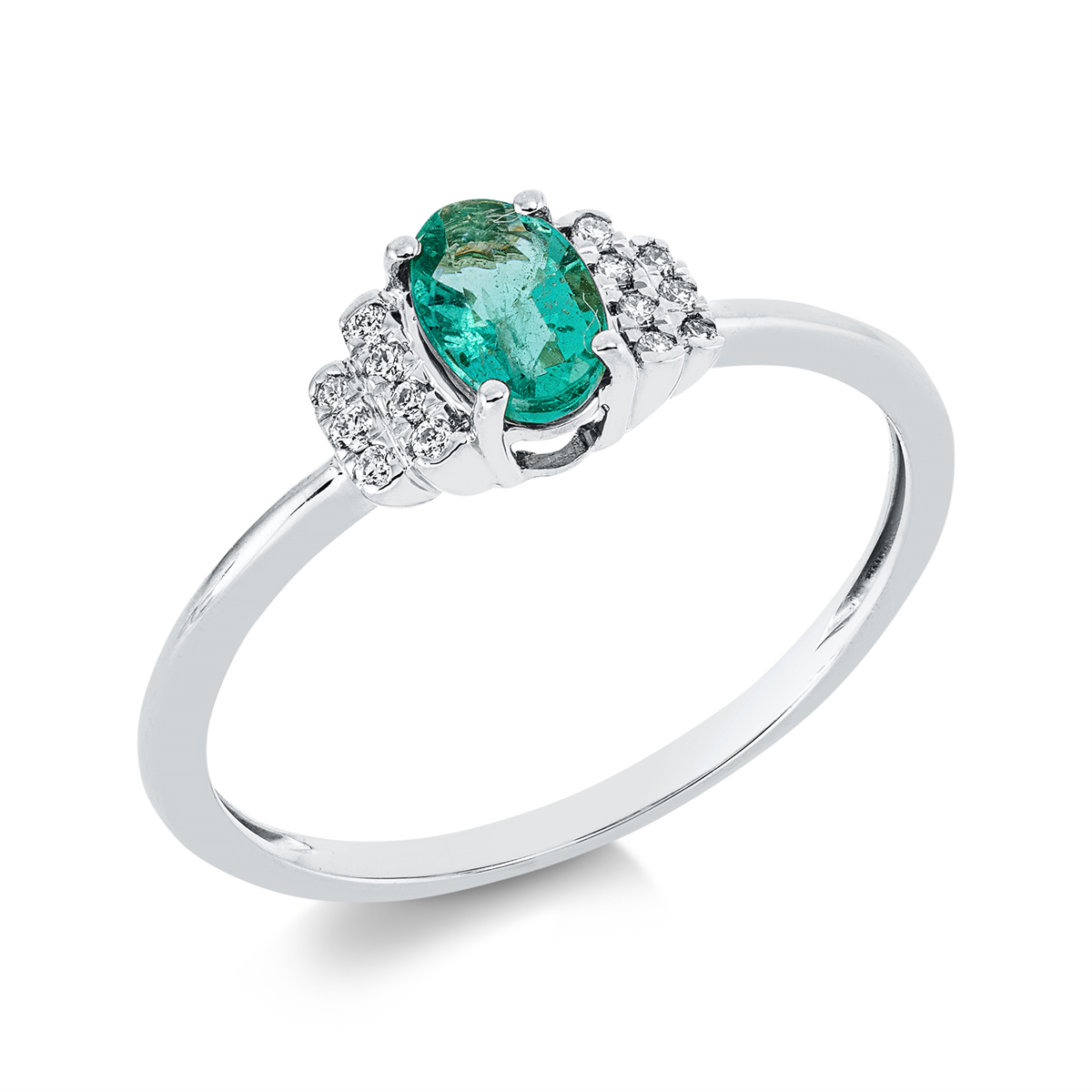 diamond full cut emerald colored stone classic ring in white gold