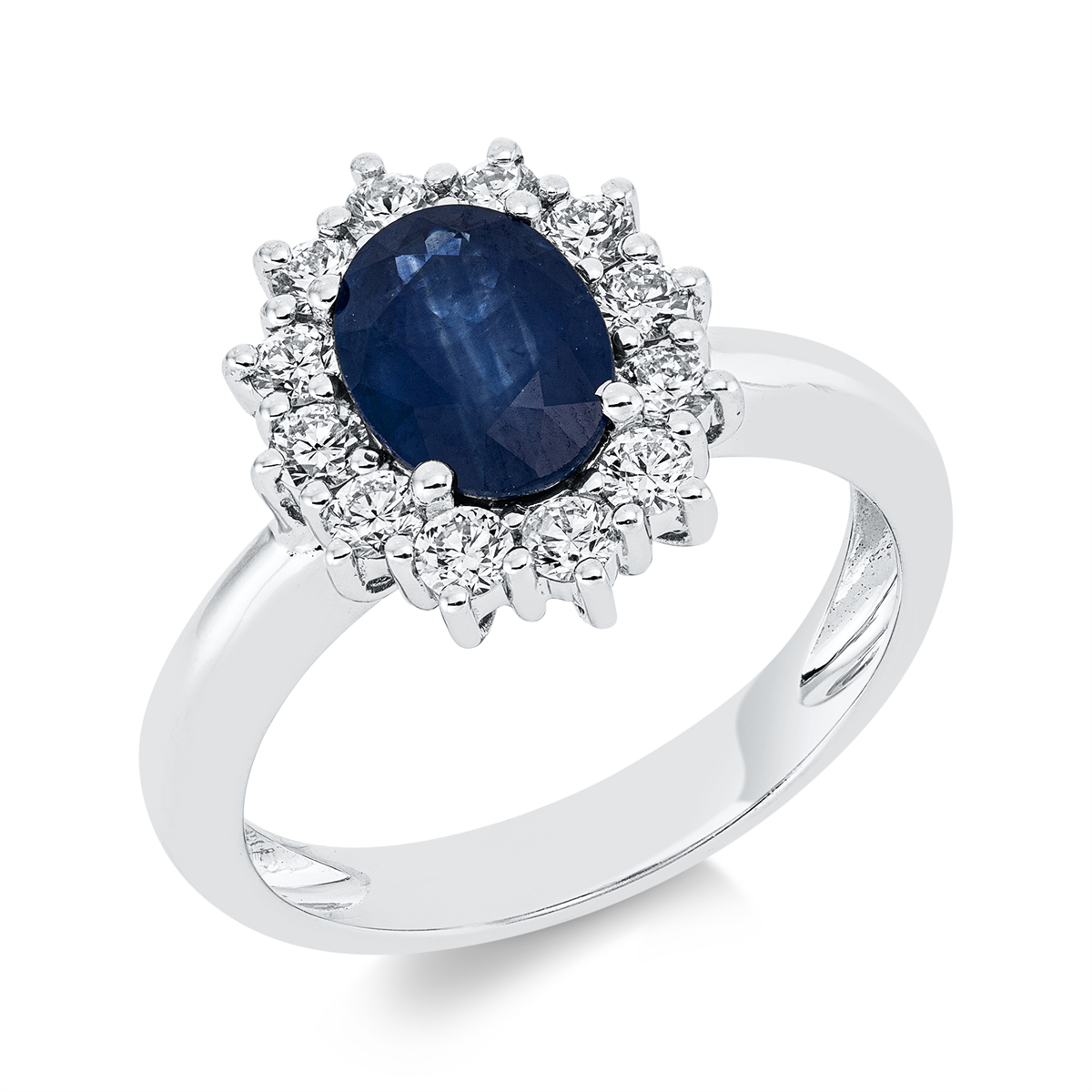 diamond full cut sapphire colored stone classic ring in white gold