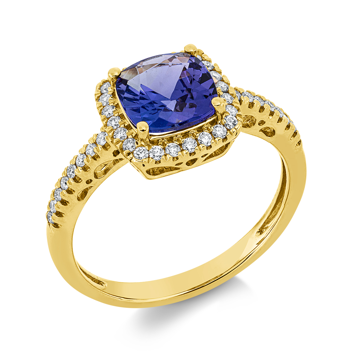 diamond full cut tanzanite colored stone classic ring in yellow gold