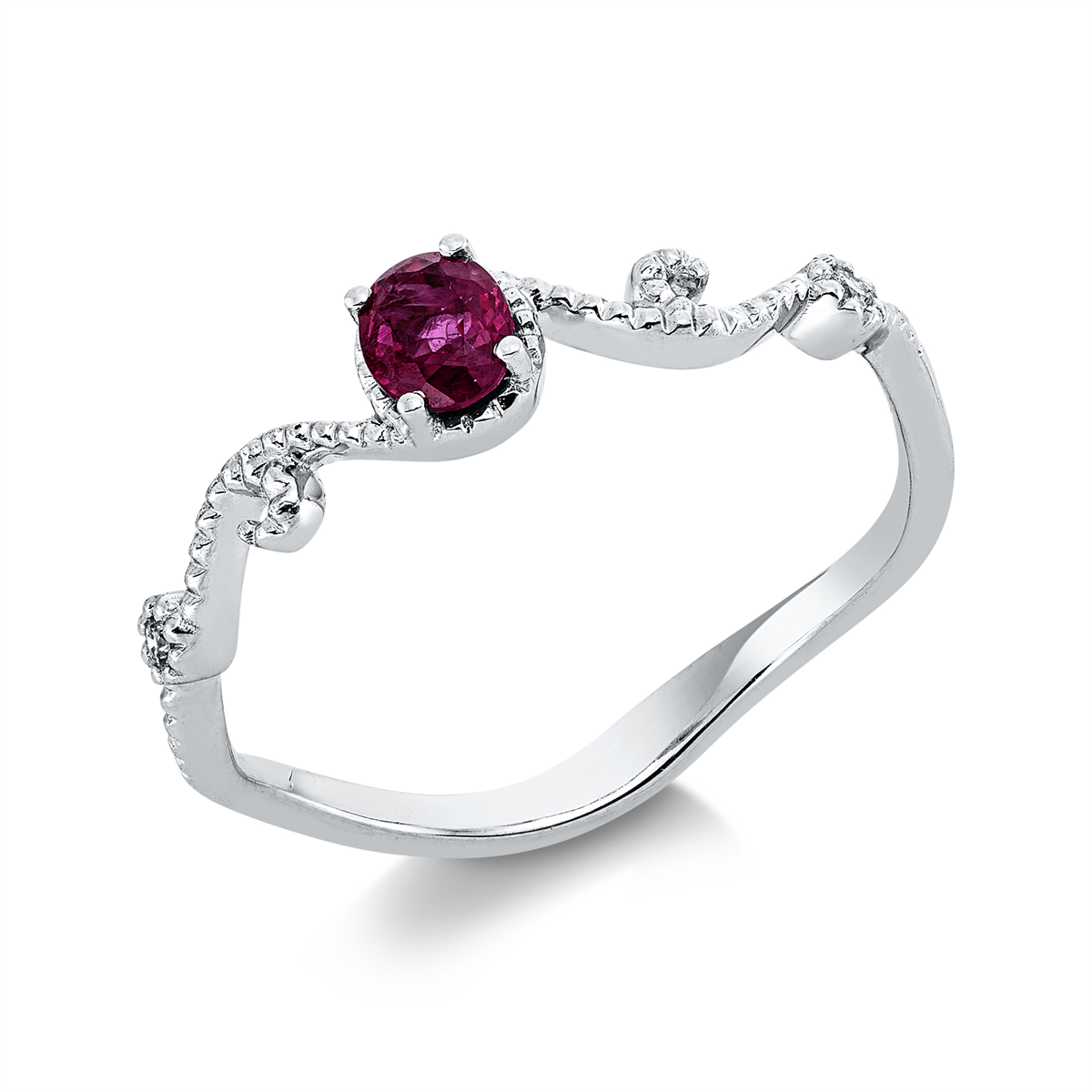 diamond full cut ruby colored stone classic ring in white gold