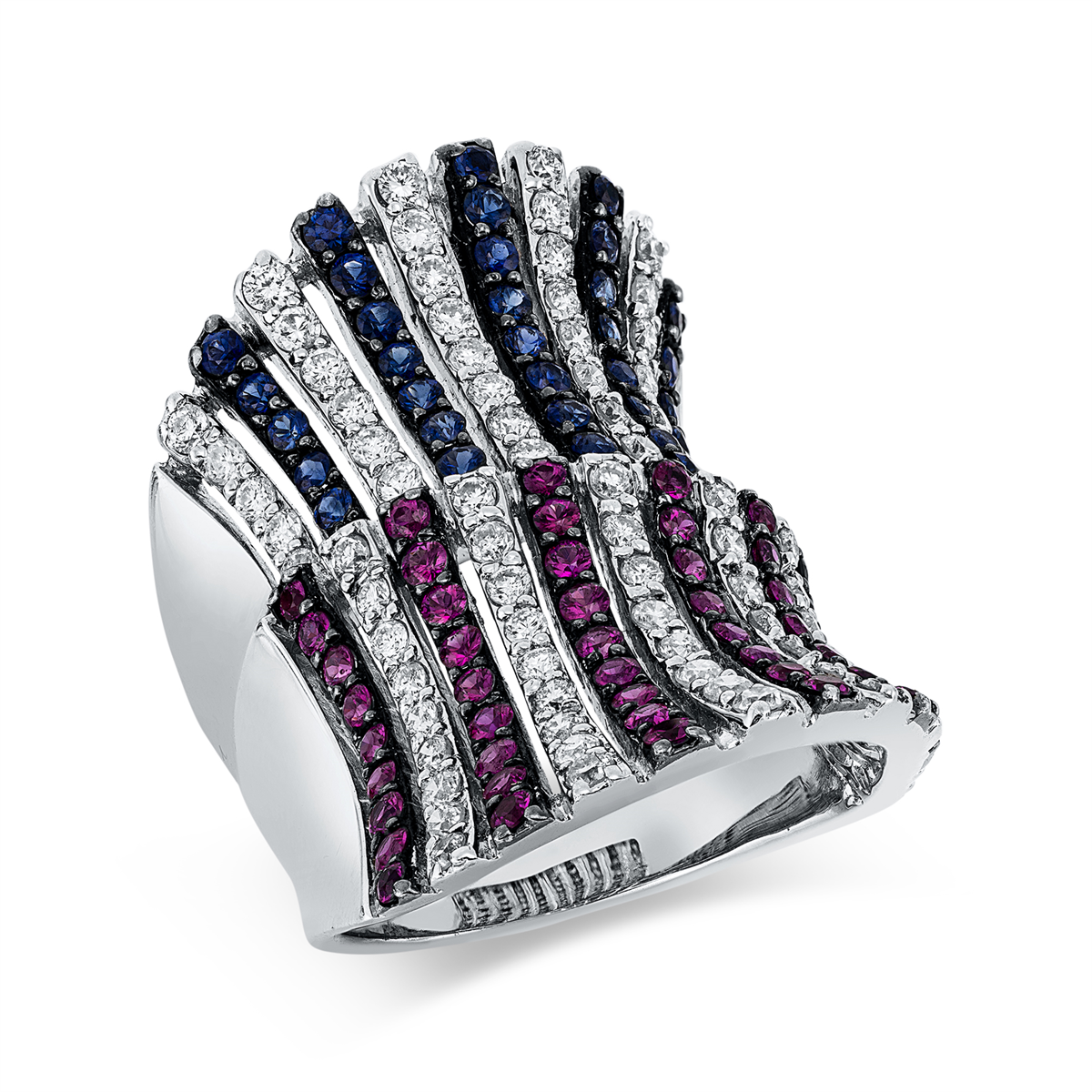 diamond full cut ruby colored stone classic ring in white gold