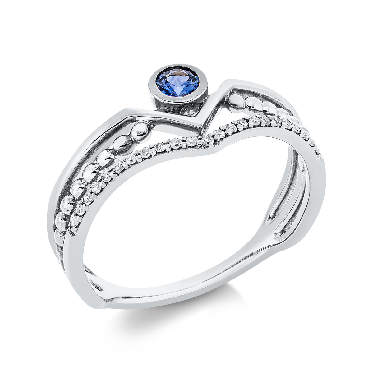 diamond single cut sapphire colored stone classic ring in white gold
