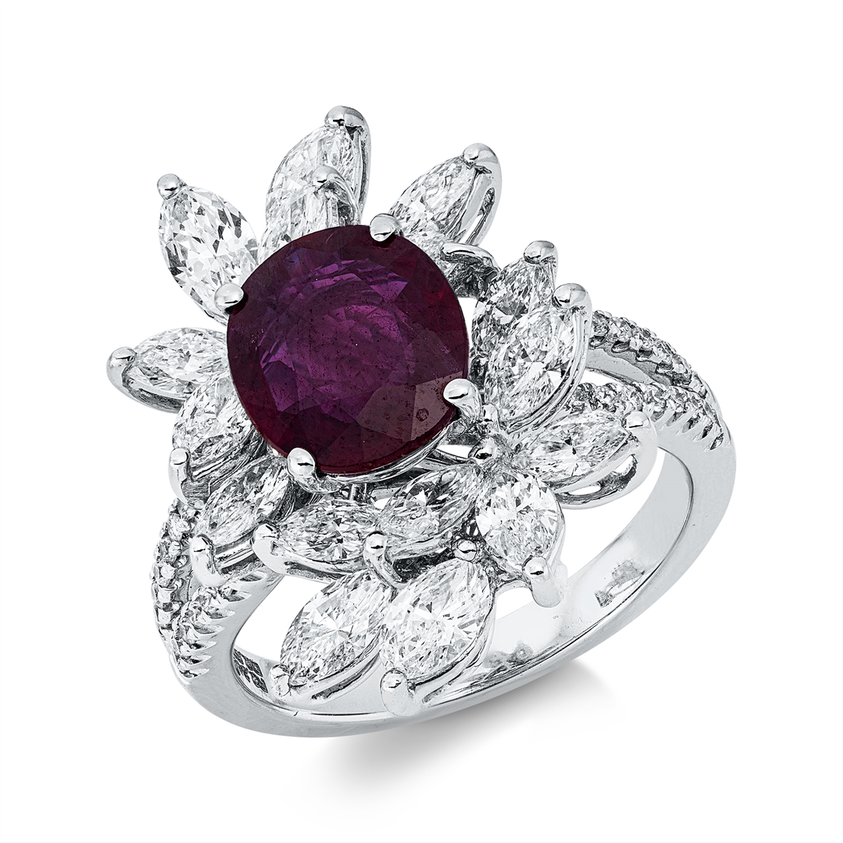 diamond full cut ruby colored stone classic ring in white gold