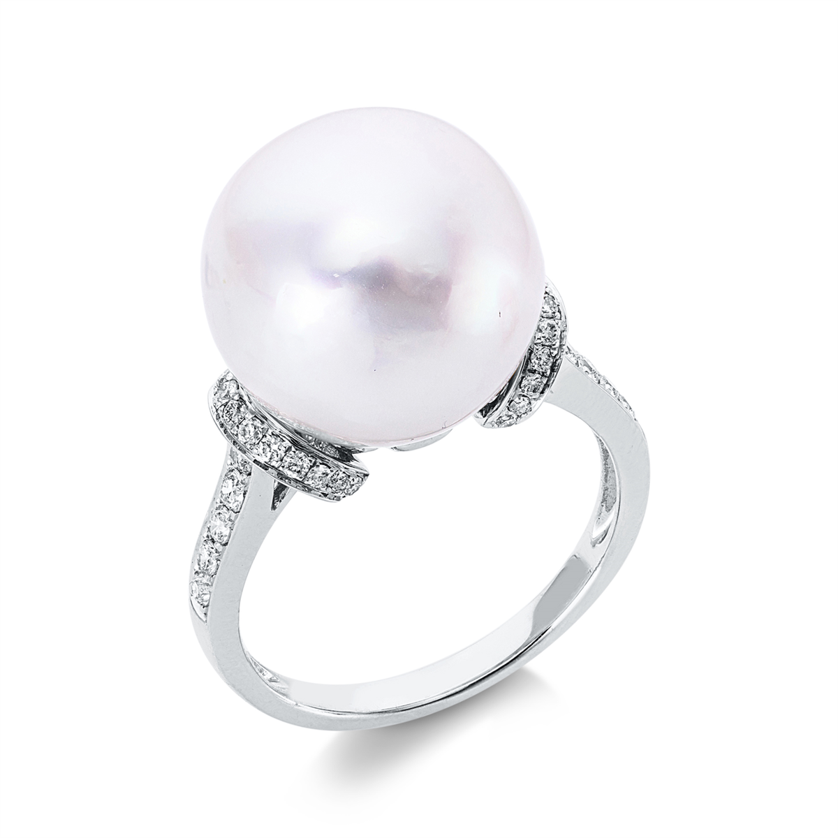 diamond full cut  pearl ring in white gold