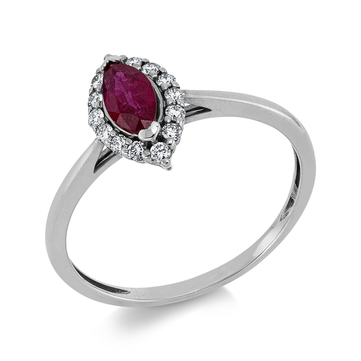 diamond full cut ruby colored stone classic ring in white gold