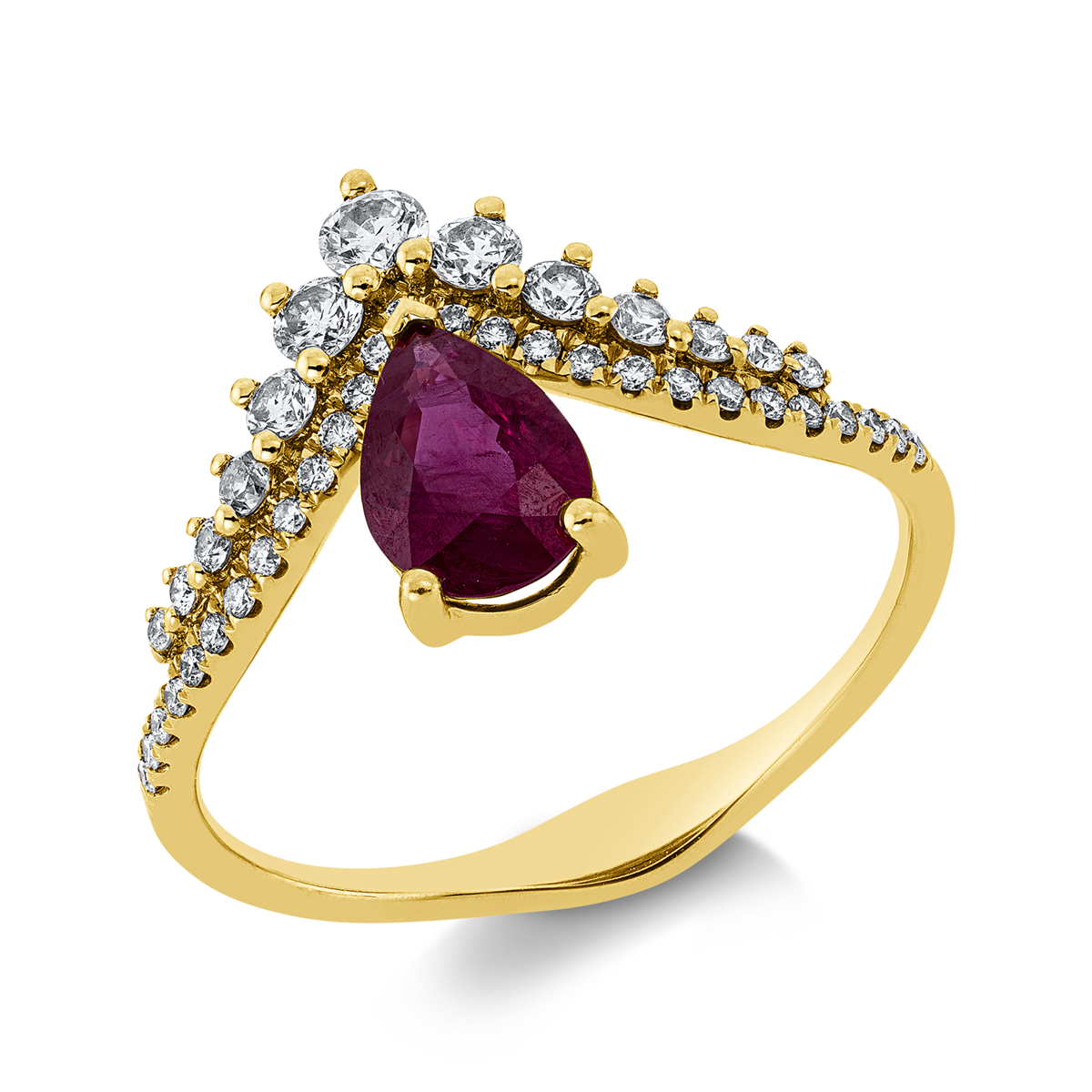 diamond full cut ruby colored stone classic ring in yellow gold