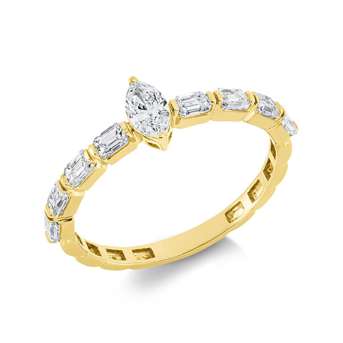 emerald cut  solitaire with accent stones ring in yellow gold