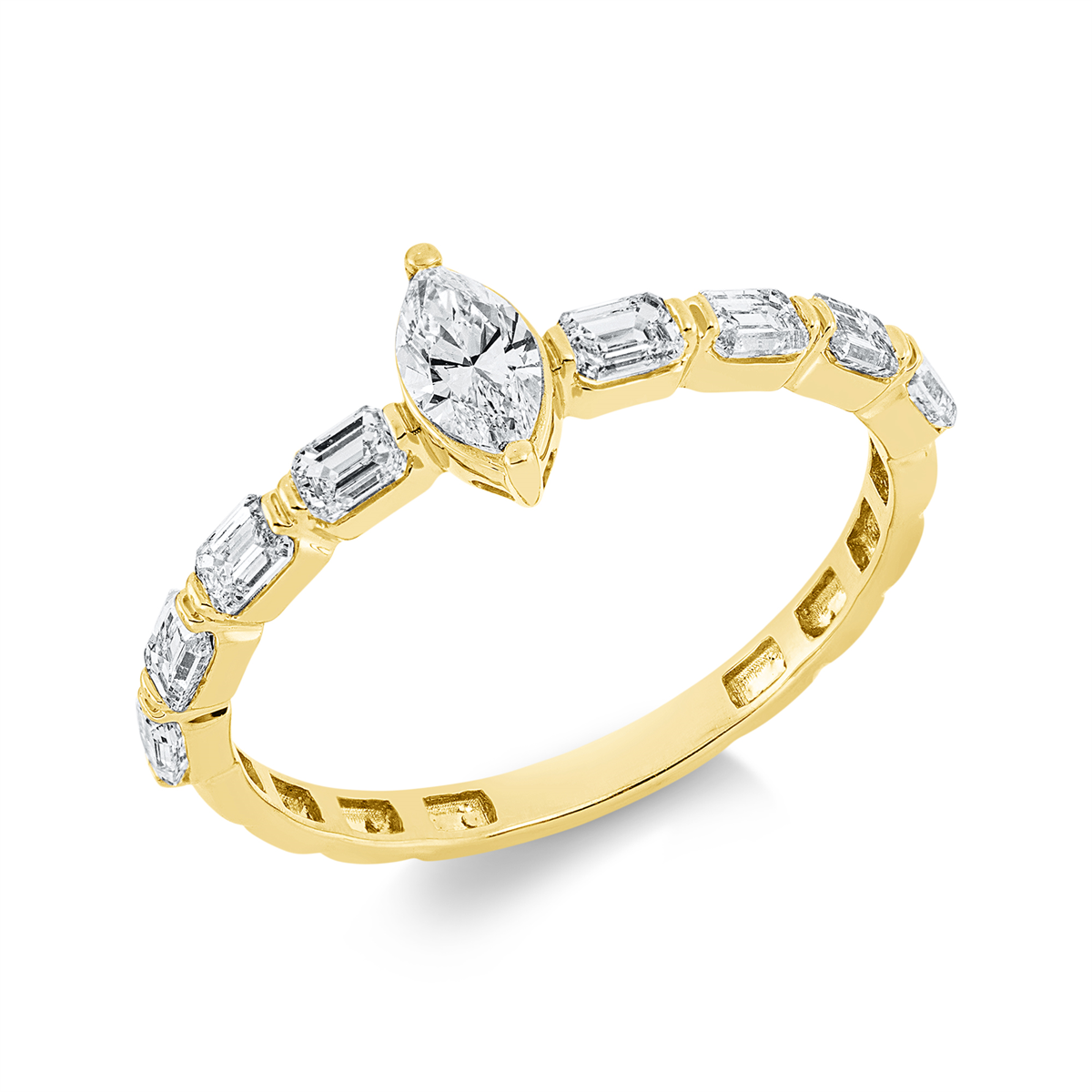 emerald cut  solitaire with accent stones ring in yellow gold