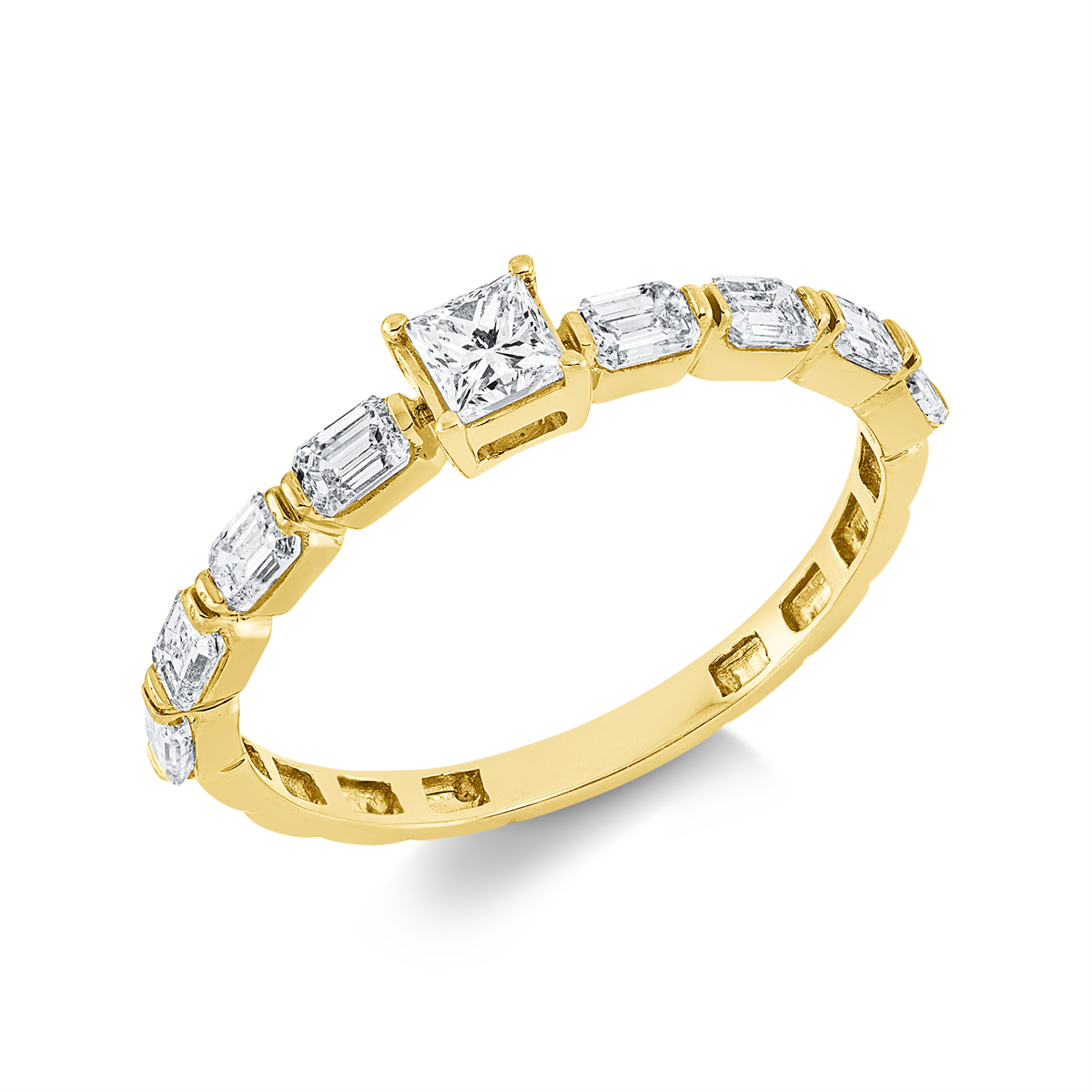 emerald cut  solitaire with accent stones ring in yellow gold