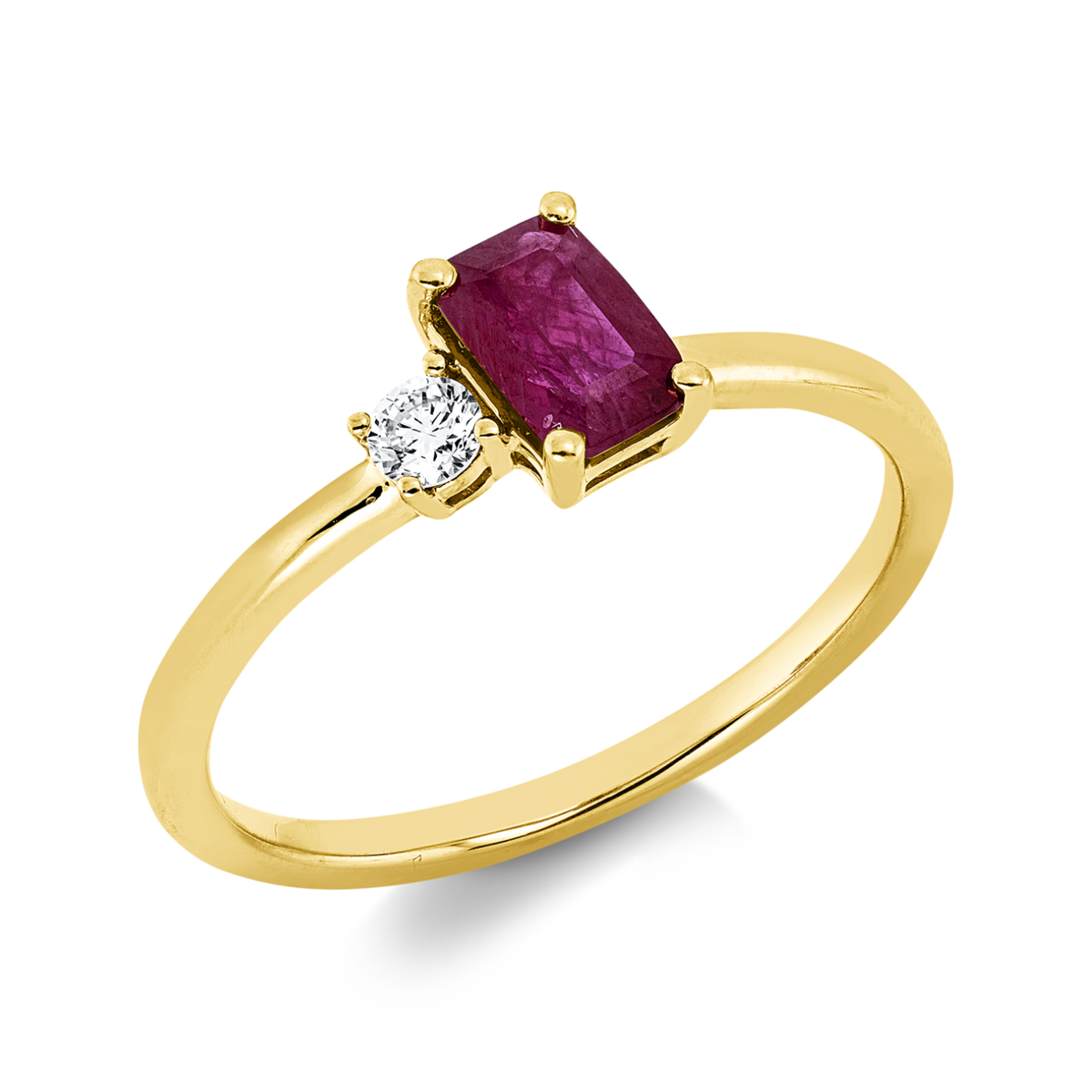 diamond full cut ruby colored stone classic ring in yellow gold