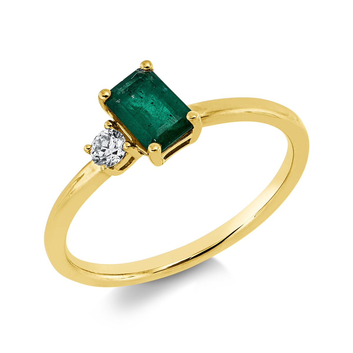 diamond full cut emerald colored stone classic ring in yellow gold